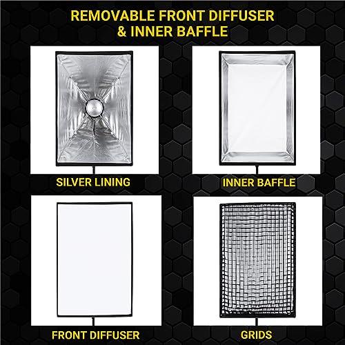 Glow Glow EZ Lock 24x36 Quick Strip Rectangular Bowens Mount Softbox Lighting Kit with External, Internal Diffusers, Deflector Disk and Eggcrate Grid, Folding Softbox for Photography Studio Lighting