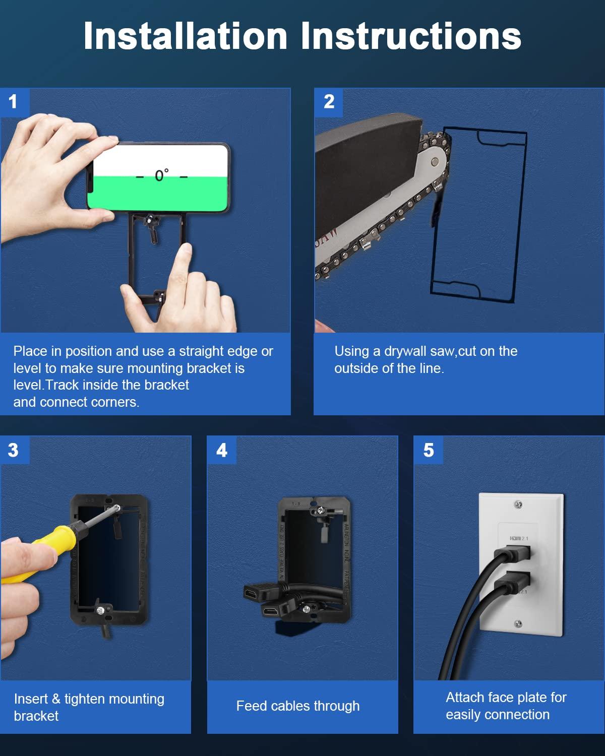 ELECTOP HDMI 2.1 Wall Plate(2 Port), ELECTOP 8K HDMI Wall Outlet Pass Through with Low Voltage Metal Mounting Bracket, Supports 8K@60Hz and 4K@120Hz, 3D, HDR, 48 Gbps HDMI Box, Fits Home Theater Systems
