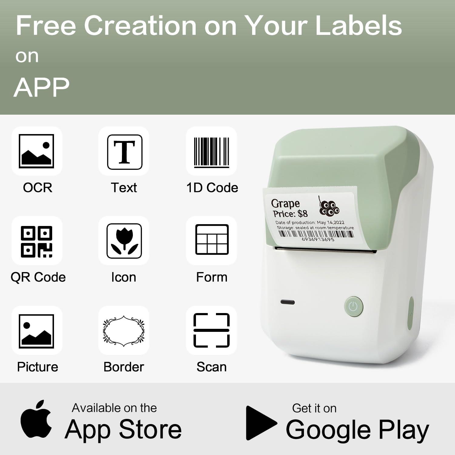 LMASBLTER LMASBLTER Green B1 Label Maker, 2 Inch Barcode Printer, Portable Sticker Maker Machine for Barcode, Name, Address, Labeling, Mailing+2 Rolls Jewelry Price Tags Label Maker Tape