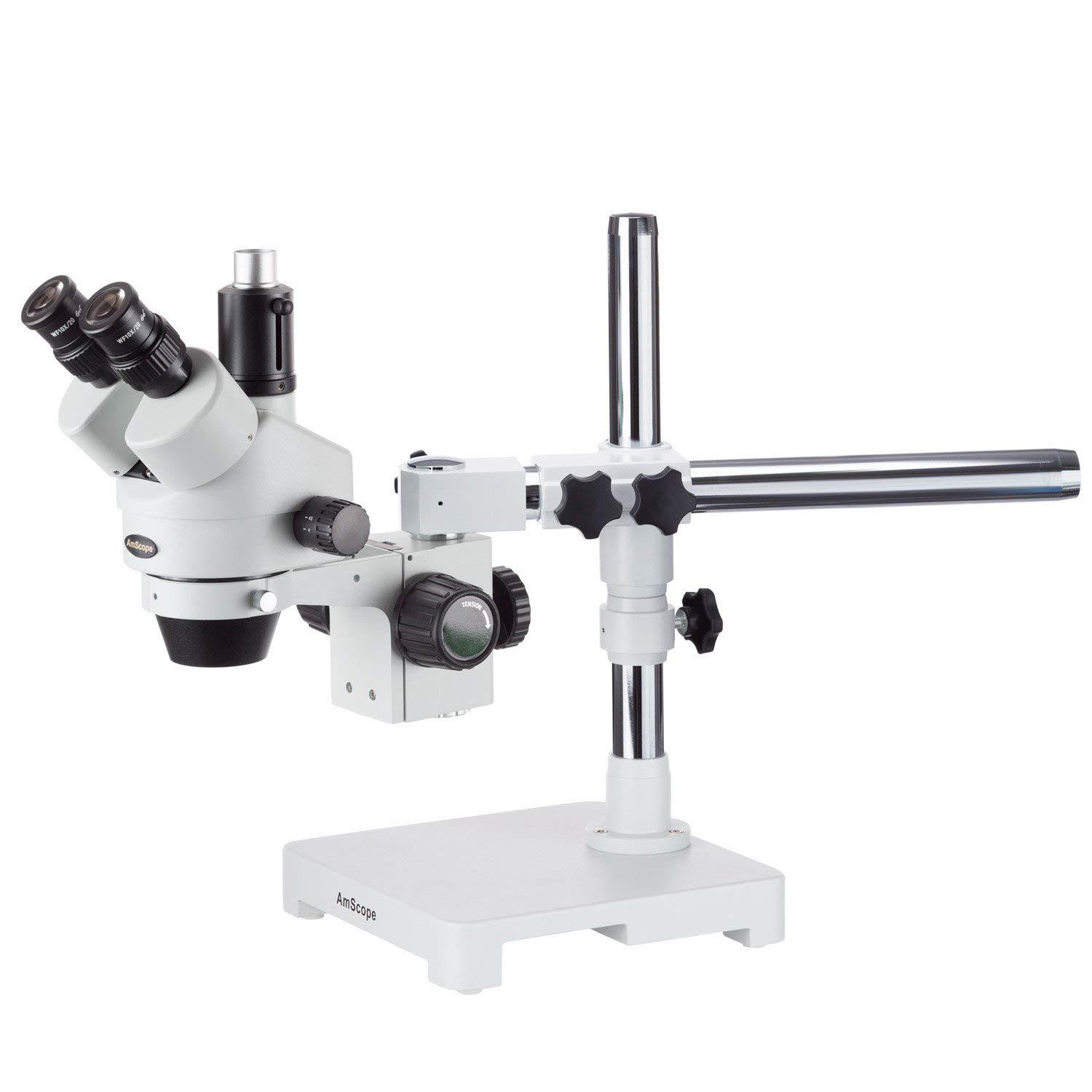 AmScope AmScope SM-3TZ-FODR-10M Digital Professional Trinocular Stereo Zoom Microscope, WH10x Eyepieces, 3.5X-90X Magnification, 0.7X-4.5X Zoom Objective, Fiber Optic Dual-Gooseneck and Ring Light, Single-Arm Boom Stand, 110V-120V, Includes 0.5X and 2.0X Bar