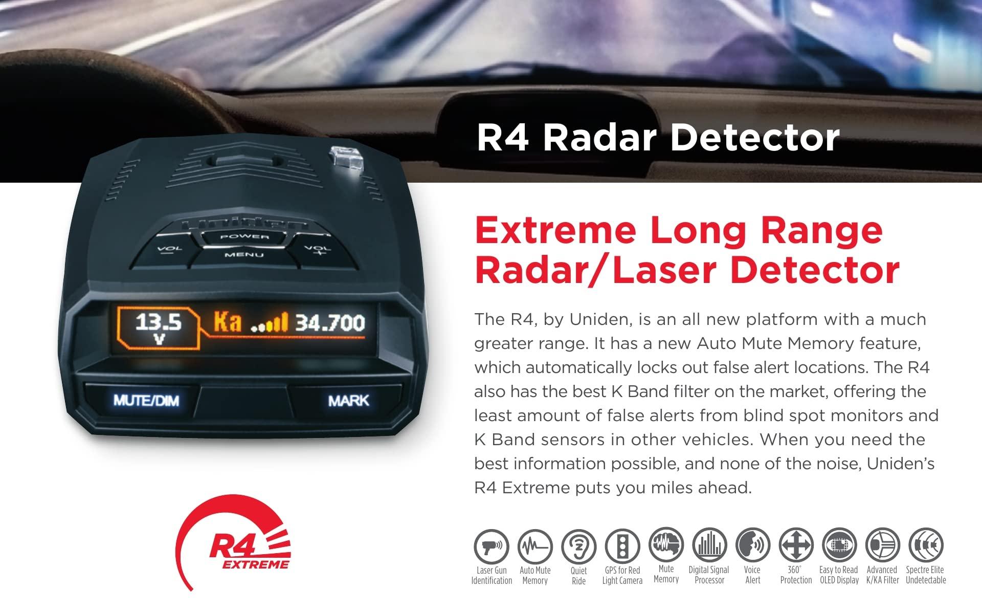 Uniden UNIDEN R4 Extreme Long-Range Laser/Radar Detector, Record Shattering Performance, Built-in GPS w/AUTO Mute Memory, Voice Alerts, Red Light & Speed Camera Alerts, Multi-Color OLED Display
