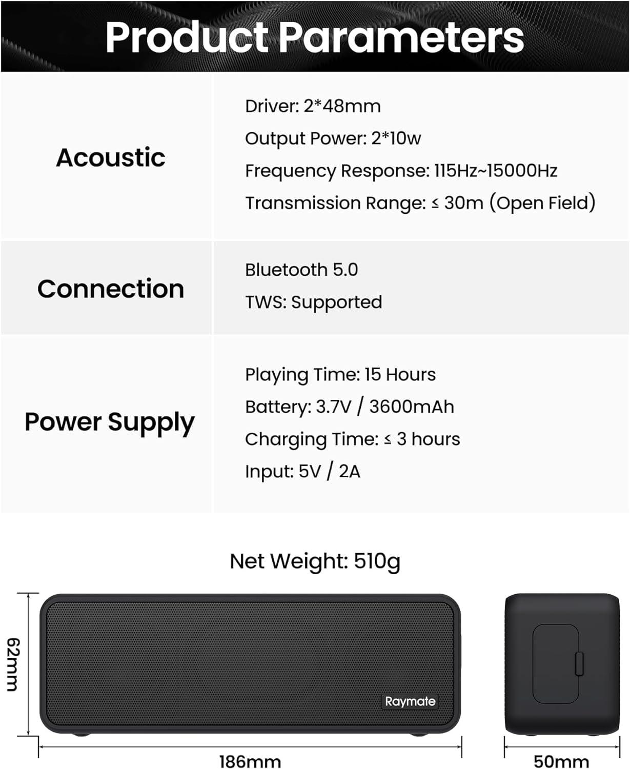 Raymate Raymate Bluetooth Speakers, 20W IPX7 Waterproof Speaker Wireless Bluetooth-V5.0, HiFi Stereo Sound, 1000mins Playtime, Portable Speaker for Home, Outdoor, Party