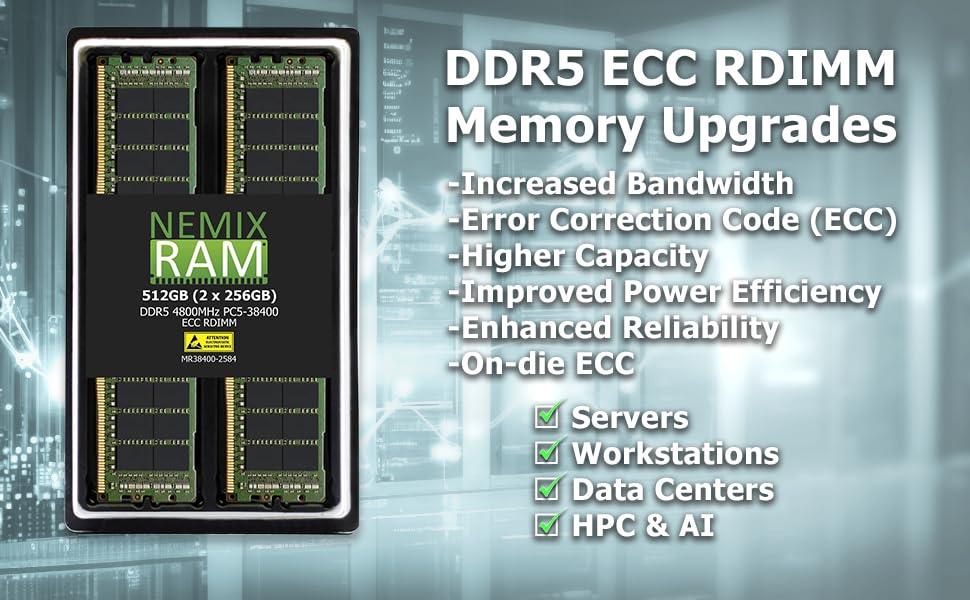 NEMIX RAM NEMIX RAM 256GB (4X64GB) DDR5 4800MHZ PC5-38400 2Rx4 1.1V 288-PIN ECC RDIMM Registered Server Memory KIT Compatible with SUPERMICRO X13SET-G | X13SET-GC Motherboard