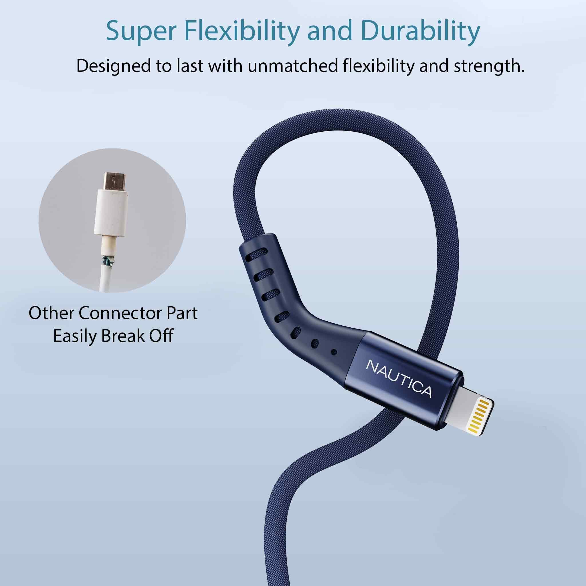 Nautica Nautica Lightning to USB-A Cable, Fast Charge Support, 12W Output Power, Durable Braided Cable 4 ft, Compatible with iPhone, iPad, iPod (Navy)