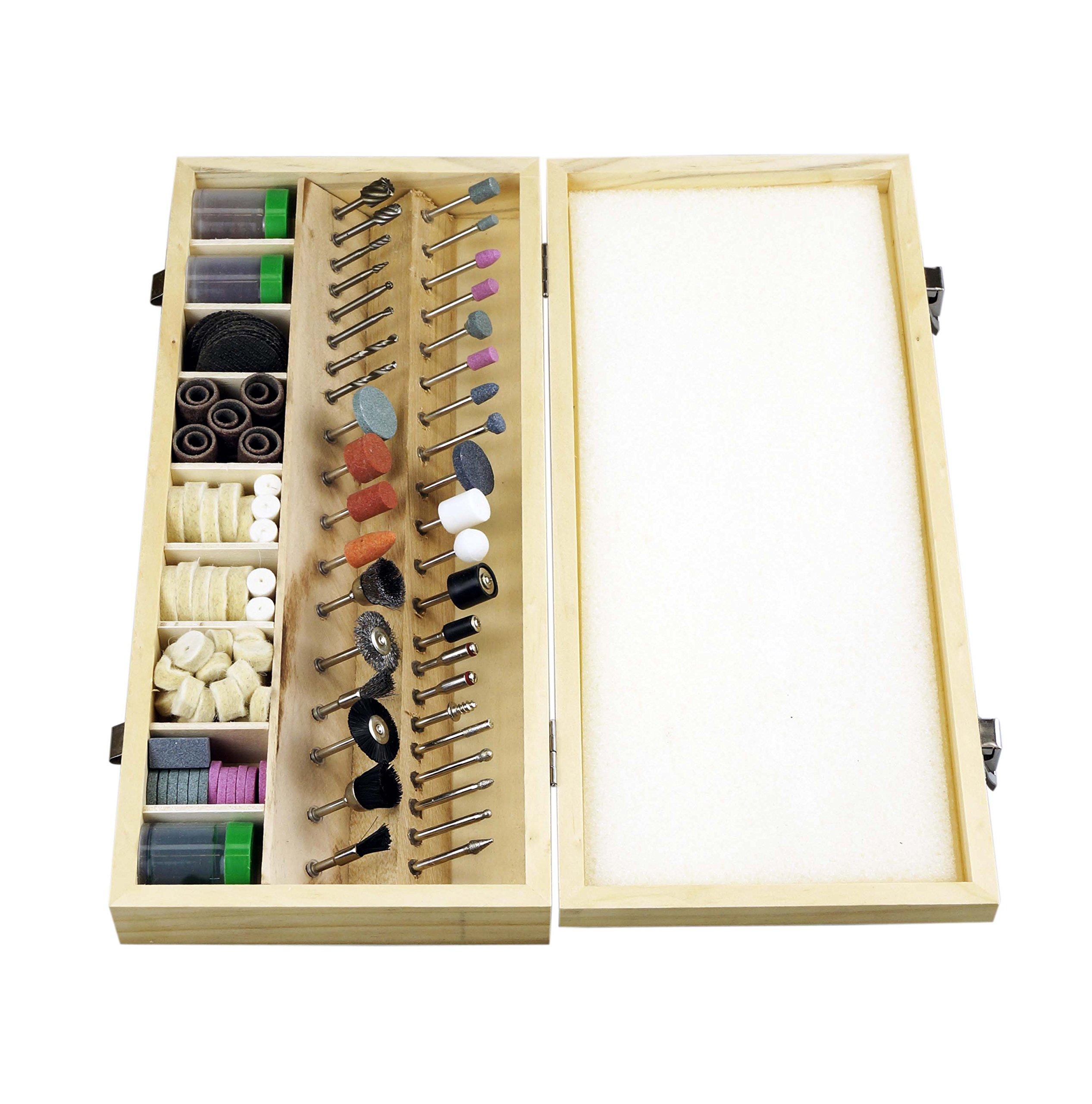 SE SE 228-Piece Rotary Tool Accessories Kit with 1/8\" Shank - Comprehensive Set for Polishing, Drilling, Engraving - Includes Sanding Bands, Grinding Stones, Woolen Wheels, and Wooden Case - RA9228