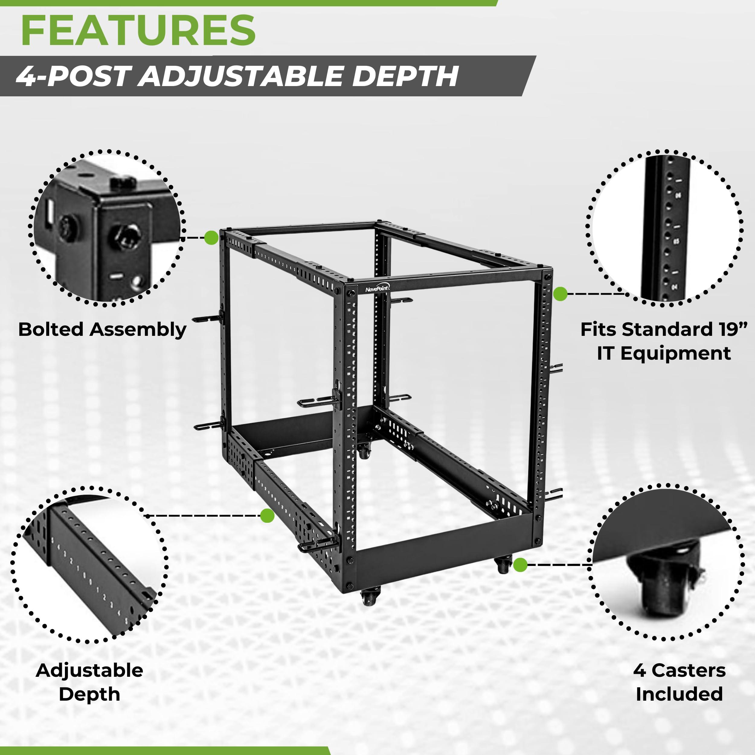 NavePoint NavePoint 12U 4 Post Server Rack Open Frame Rack for 19 Inch Equipment, Adjustable Depth 4-Post Network Rack with Casters Wheels, 12U Server Rack 1320lbs Capacity, Black