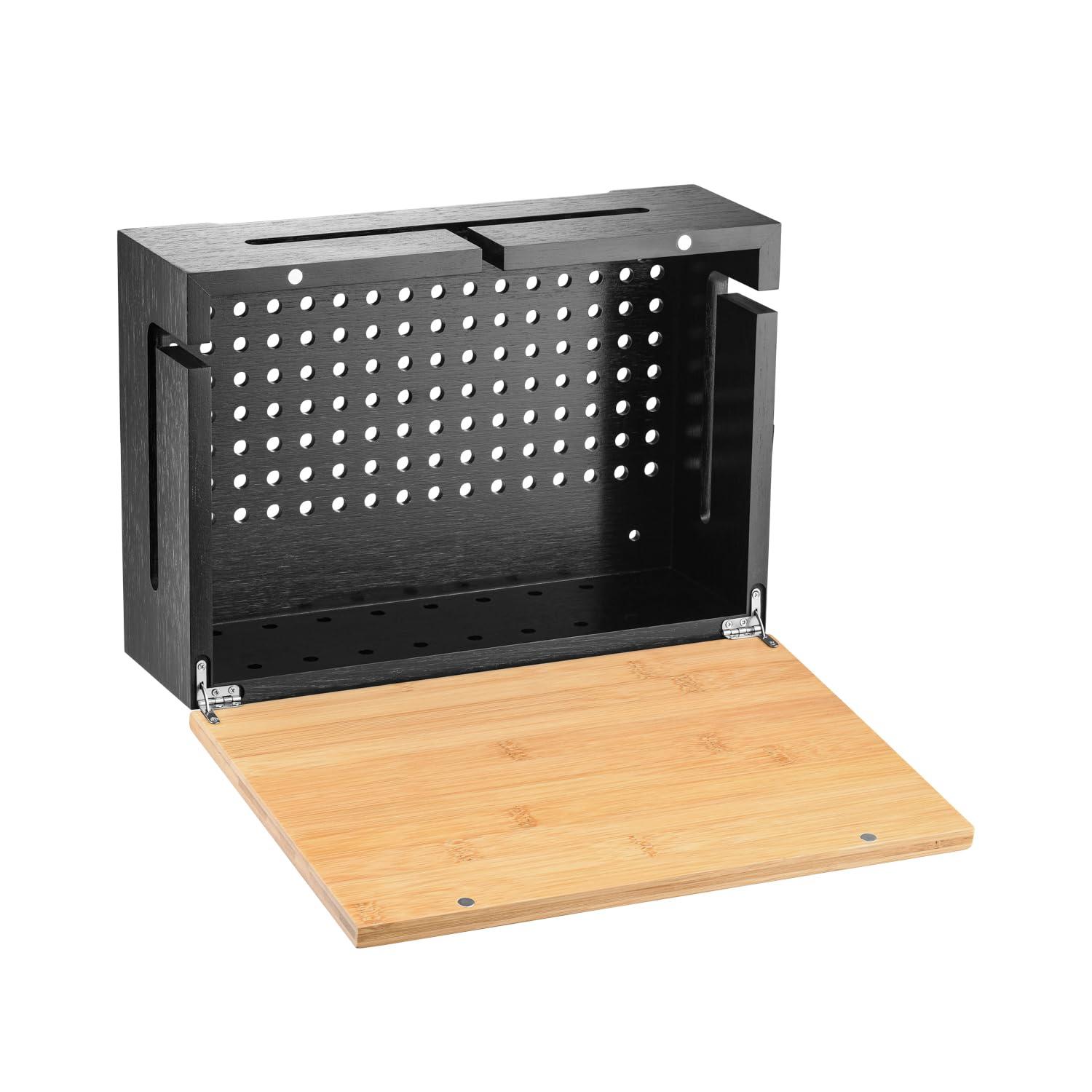 Kos Design Cable Management Box with Magnetic Bamboo Lid & Cable Ties- Elegant, Durable Cable Organizer Box to Hide Cords and Power Strip- Wall Mountable Cable Box Hider for Home, Office, Desk & More (Black)