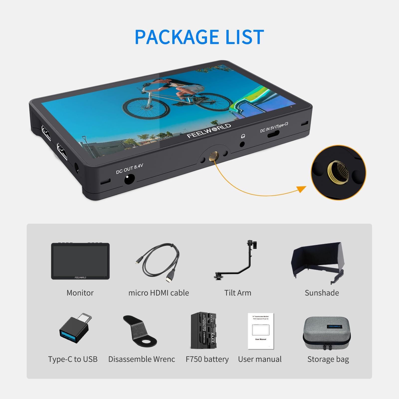 FEELWORLD FEELWORLD Video Camera Monitor 6 Inch Touch Screen DSLR HDMI Field Monitor with F750 Battery 4400mAh + Bag IPS FHD1920x1080 4K HDMI Input Output 5 V Type c Input F5PROV4