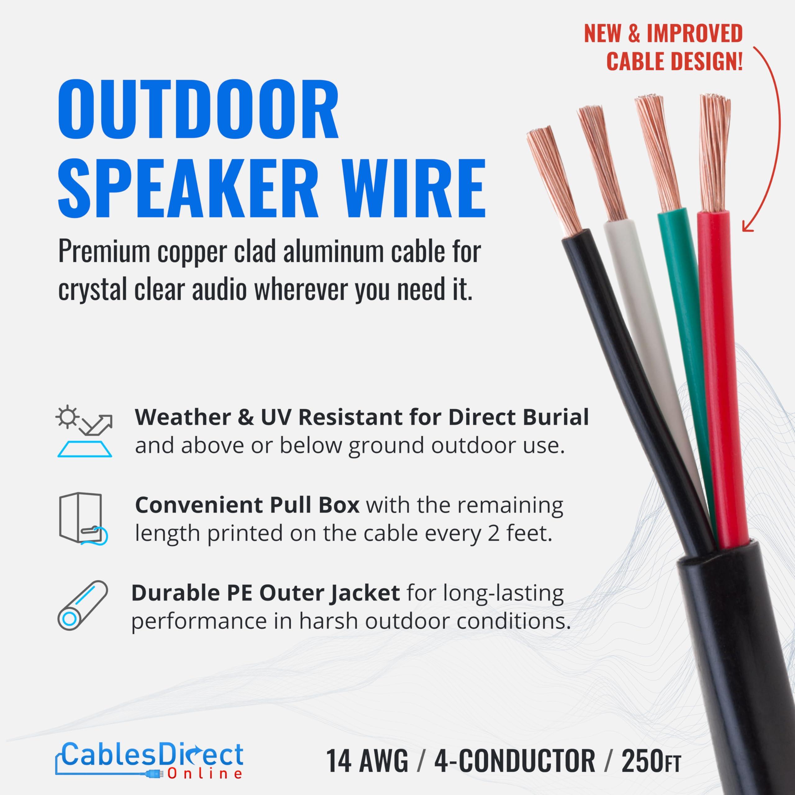 Cables Direct Online Cables Direct 14-Gauge Outdoor Speaker Wire, 250 Ft | 4 Conductor, Copper Clad Aluminum, Stranded Bulk Audio Cable | CL2, Direct Burial, UV Resistant