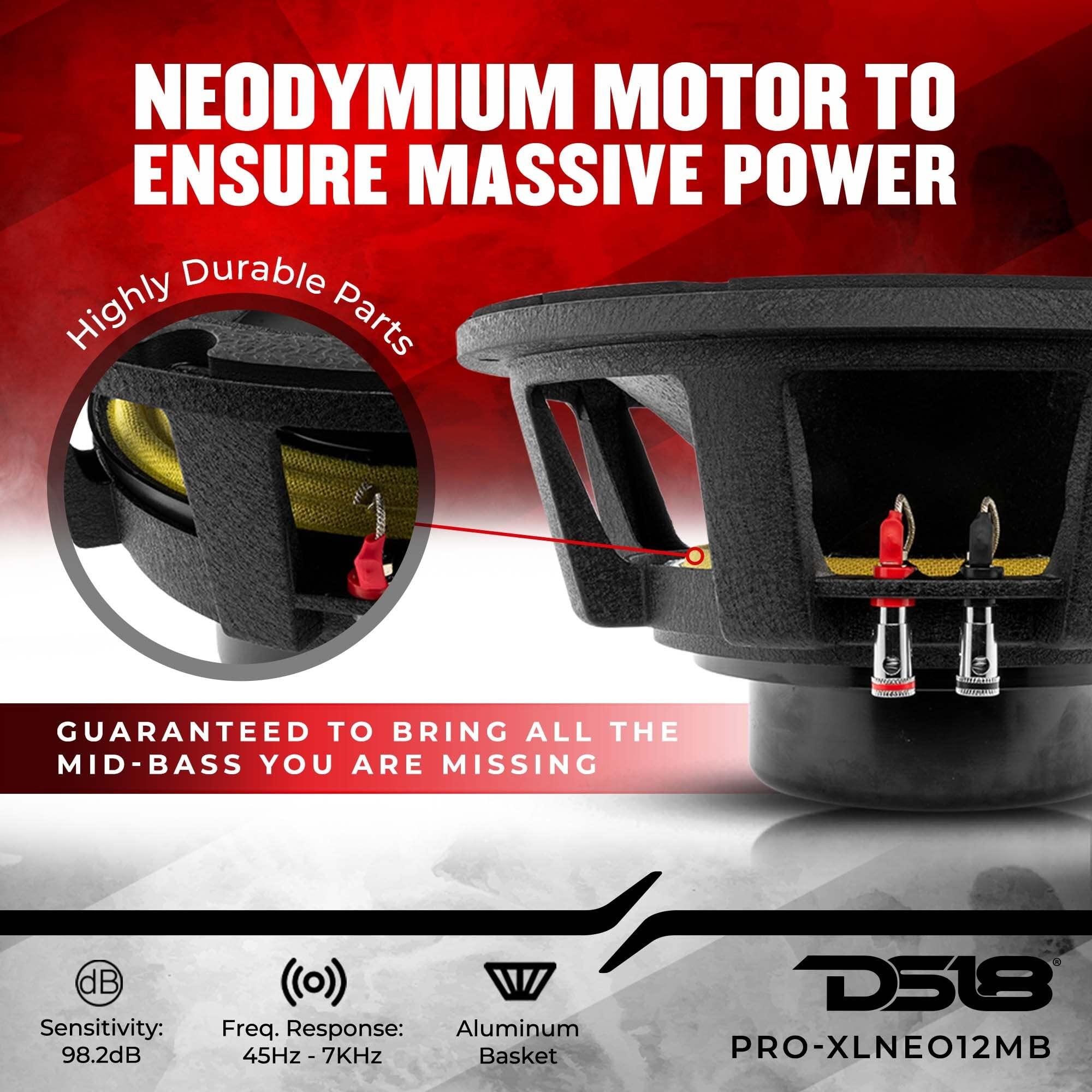 DS18 DS18 PRO-XLNEO12MB 12" Car Audio Mid-Bass Loudspeaker with Neodymium Magnet 2000 Watts Max Power 1000 Watts Rms 4" Voice Coil 8-Ohm - The Loudest Midbass Ever - 2 Speakers