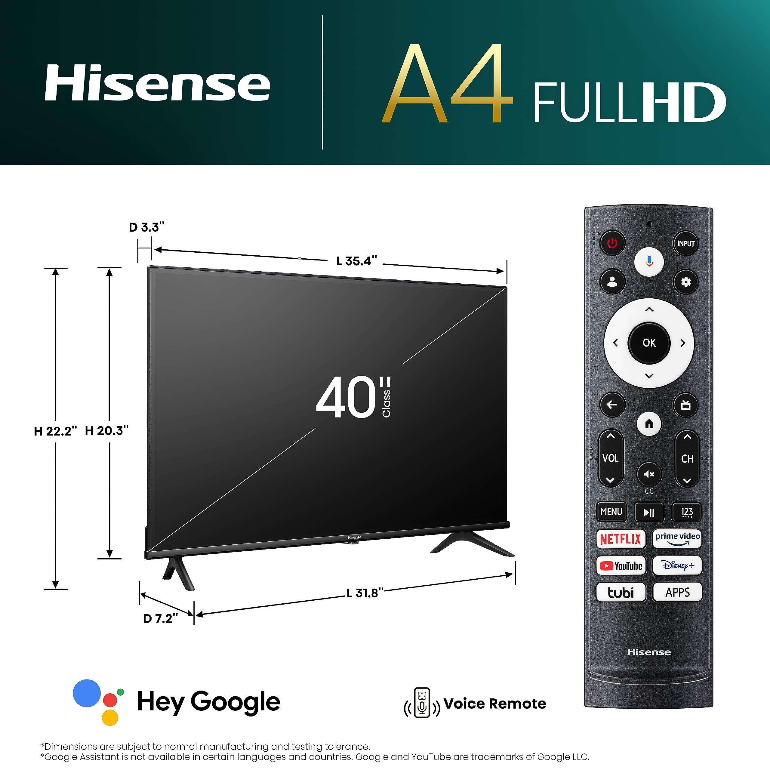 Hisense Hisense 40-Inch Class A4 Series FHD 1080p Google Smart TV (40A4K) - DTS Virtual: X, Game & Sports Modes, Chromecast Built-in, Alexa Compatibility, Black