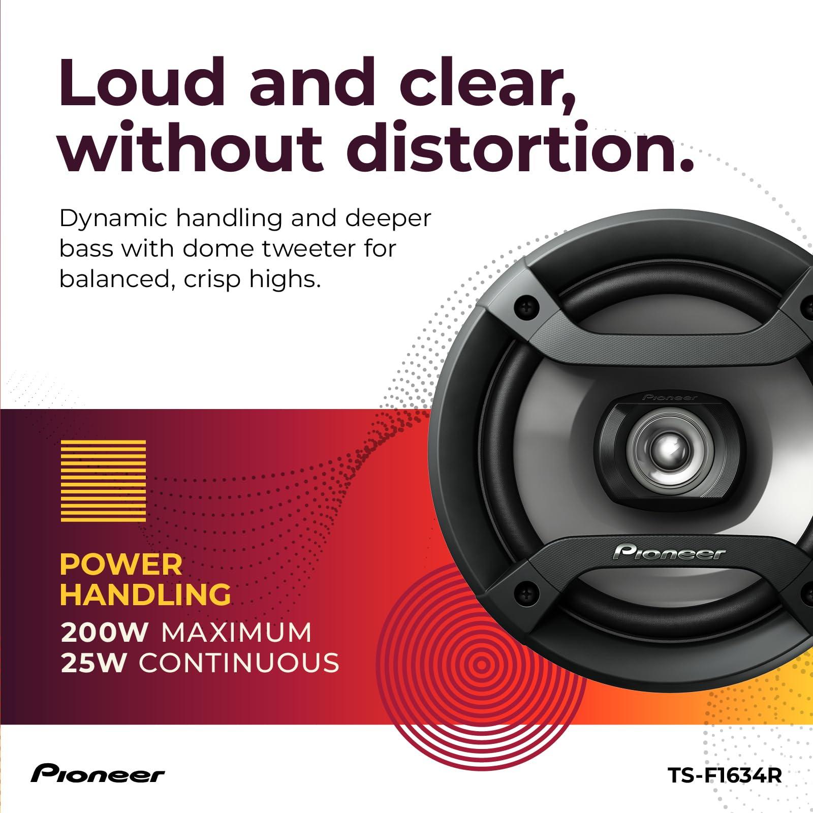 PIONEER Pioneer TS-F1634R 2-Way Coaxial Car Audio Speakers Full Range 6.5\" Round Speakers 200W Max Enhanced Bass Response Easy Installation Black Car Speakers