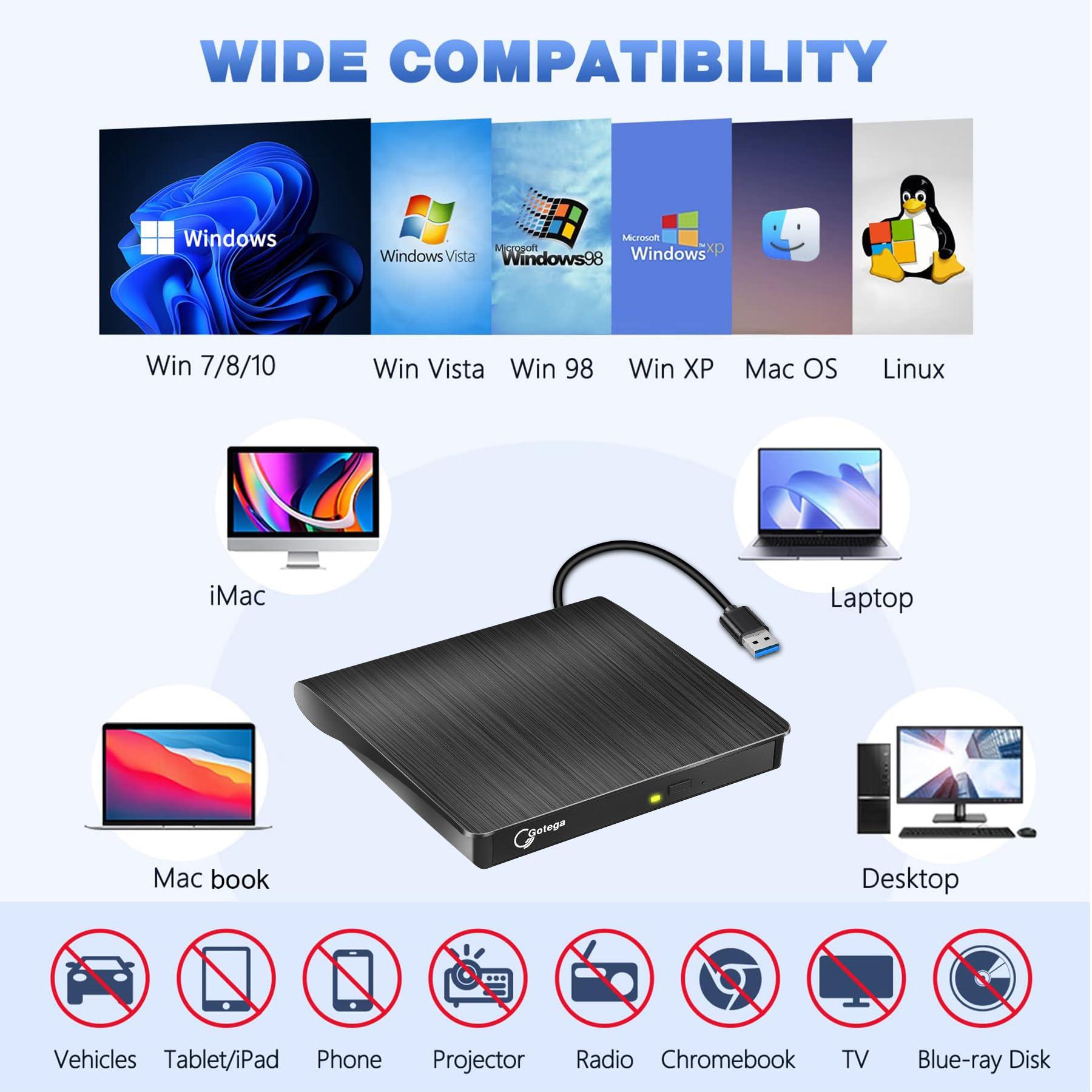 Gotega Gotega External DVD Drive, USB 3.0 Portable +/-RW , DVD Player for CD ROM Burner Compatible with Laptop Desktop PC Windows Linux OS Apple Mac Black
