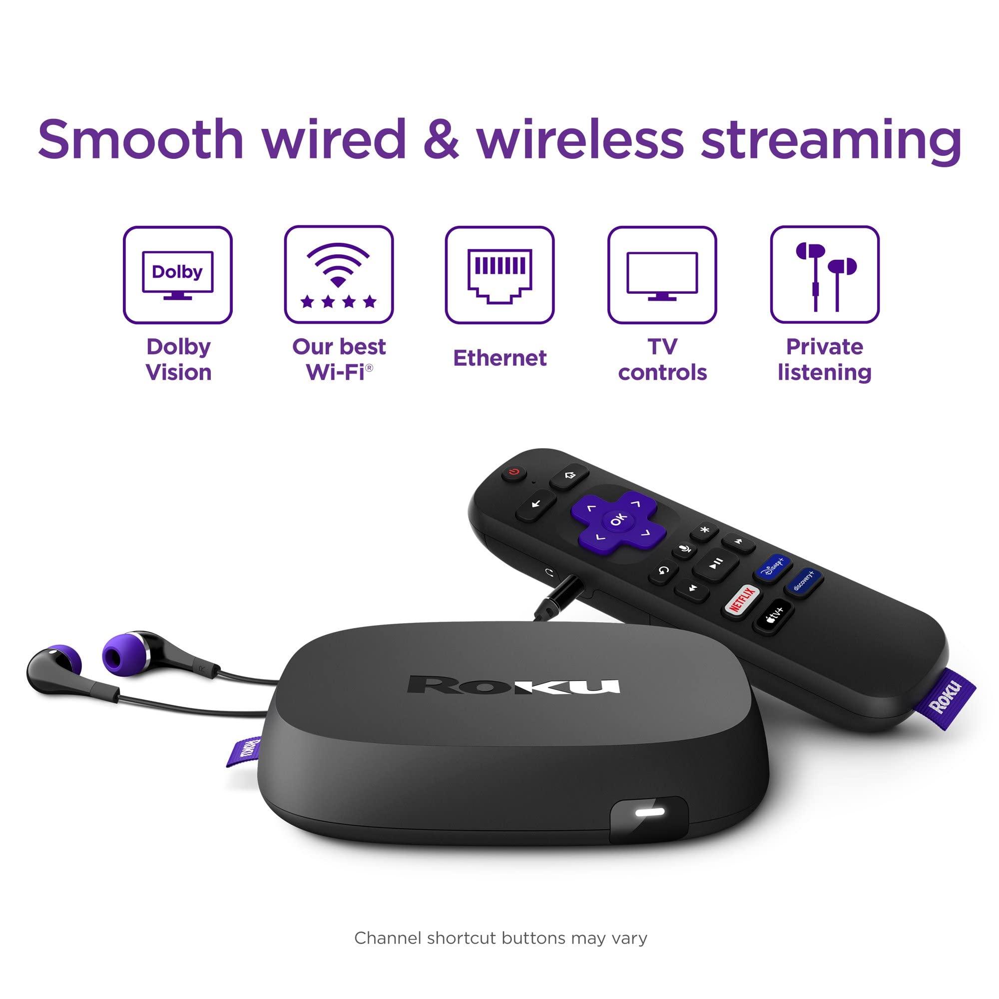 Roku Roku Ultra LT (2023) HD/4K/HDR Dolby Vision Quad-Core Streaming Player with HDMI Cable, Headphones, Voice Remote w/Private Listening, Ethernet (Renewed)