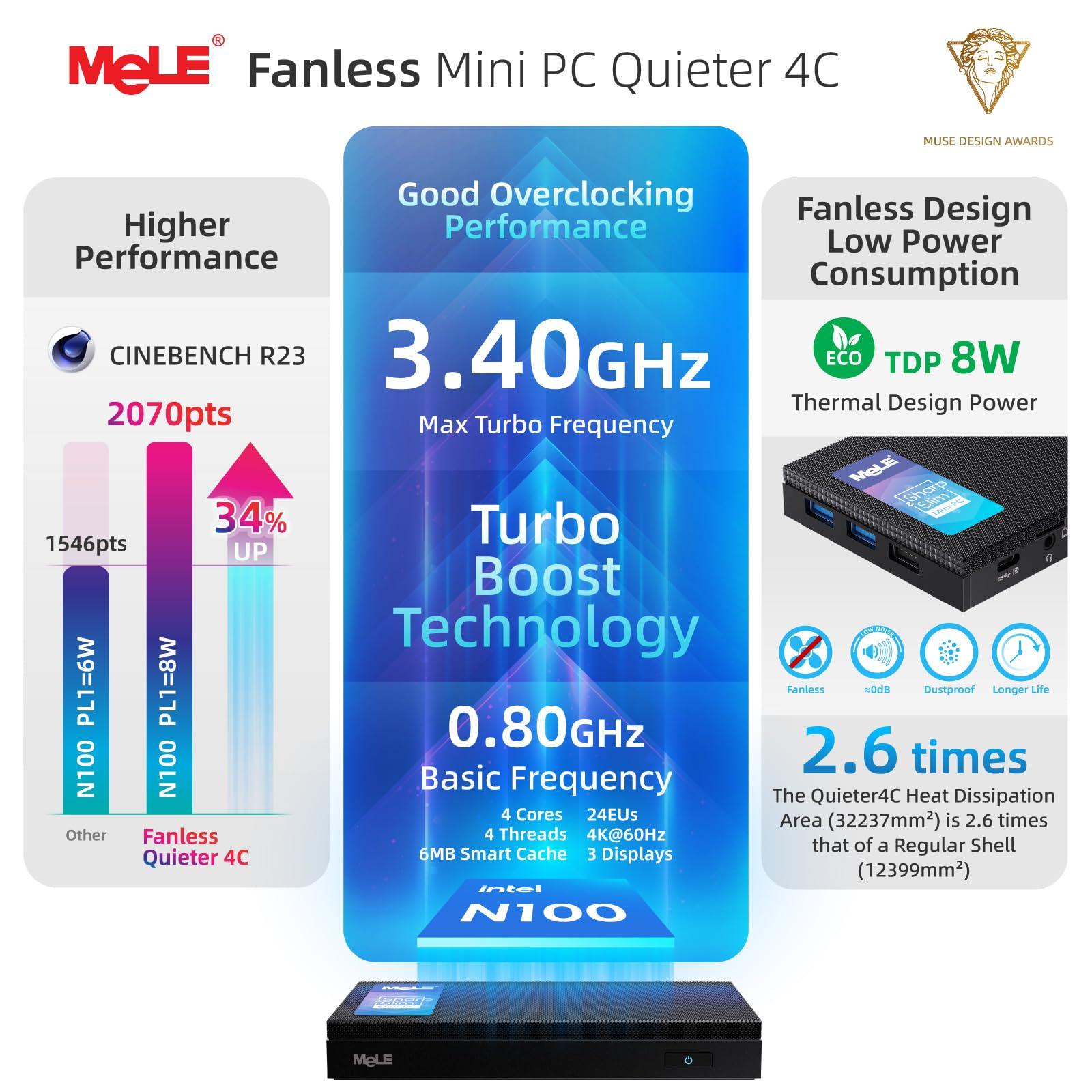 MeLE MeLE Mini PC Quieter 4C - 12th Gen N100, Fanless PC, 8GB Memory, 128GB Storage, 2.4/5G Wi-Fi, Full-Functional USB-C, 4K Triple Display Desktop PC on Home, Office, Education, Astrophotography