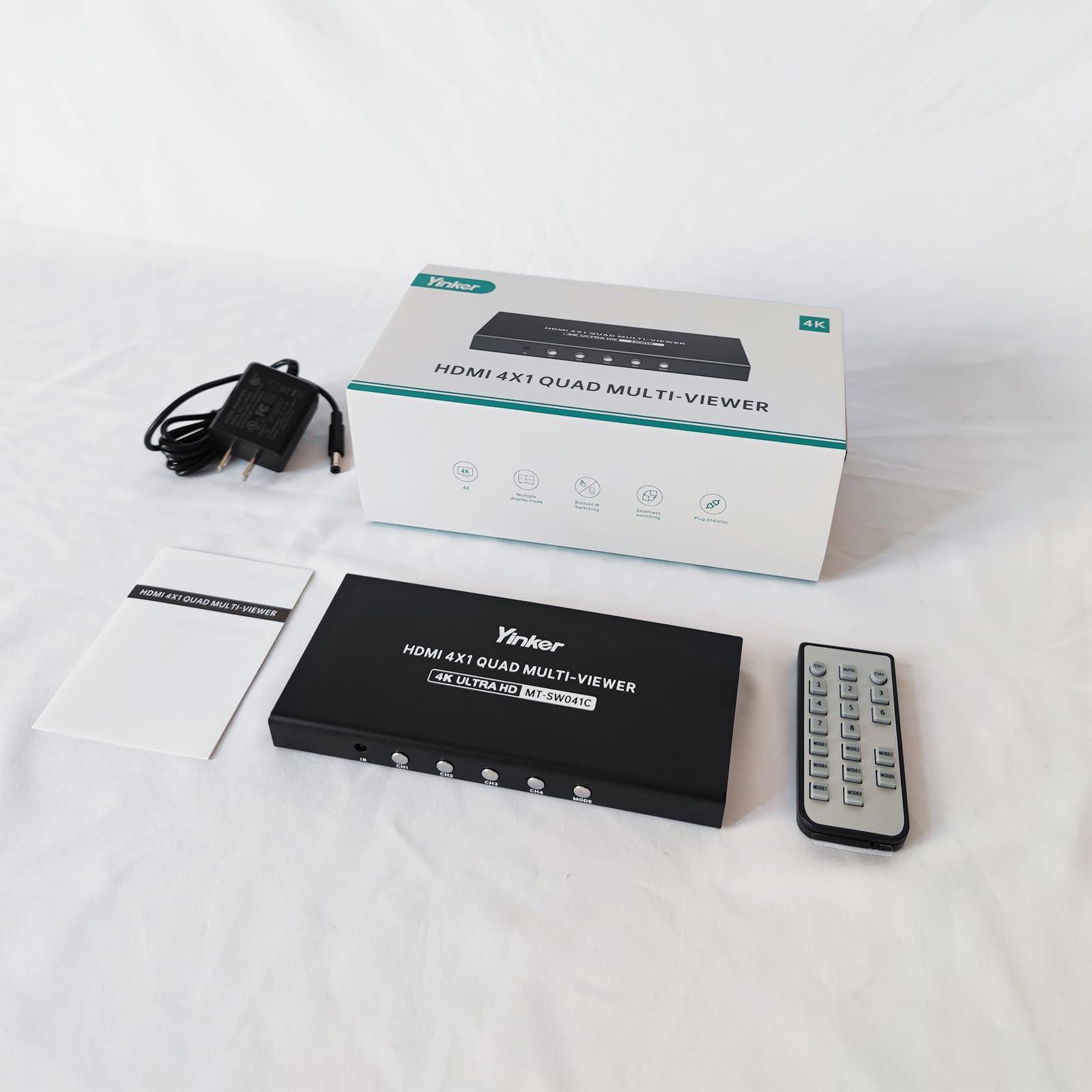 Yinker 4K HDMI Multiviewer 4x1, Yinker 4K@30Hz Seamless HDMI Quad Switcher 4 in 1 Out for Security Camera, Gaming Consoles, Single/Quad/Dual/PBP Modes with IR Remote