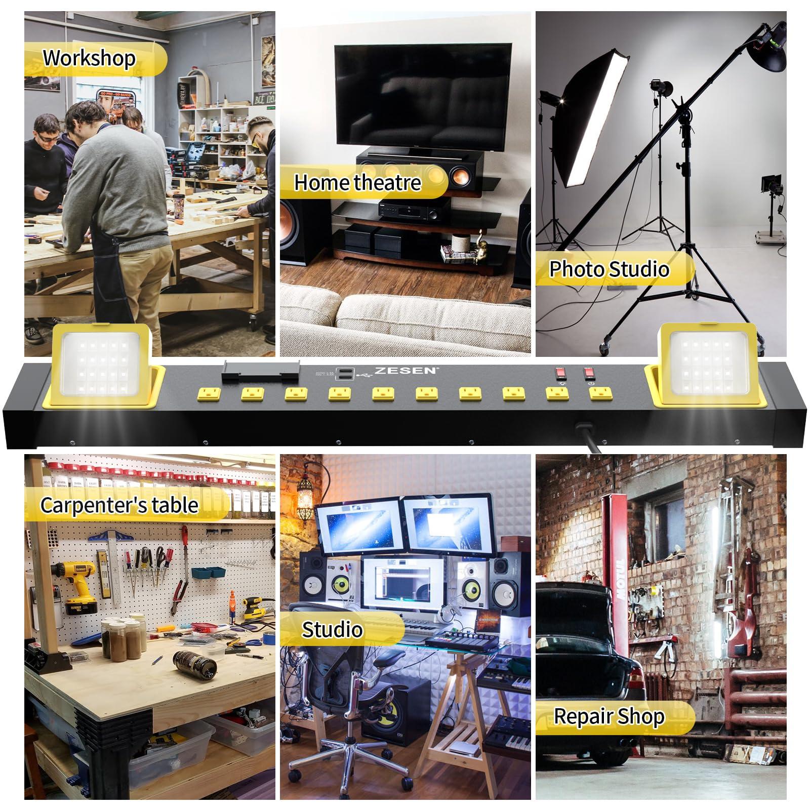 ZESEN ZESEN 10 Outlet Power Strip with LED Worklight, Heavy Duty Metal Power Strip Surge Protector 4ft Cord with 2-Port USB Charge, ETL Listed for Workshop Garage Office Home