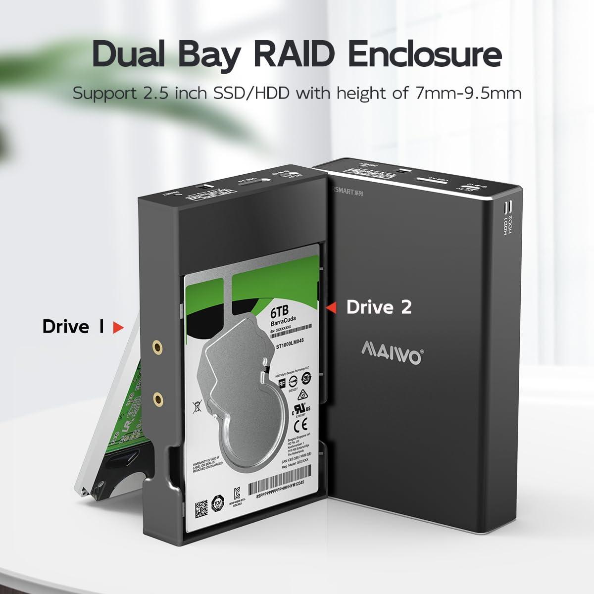 MAIWO MAIWO Dual Bay Hard Drive RAID Enclosure for 2.5 Inch SATA SSD HDD, RAID 0/RAID 1/JBOD/PM, USB 3.0 6Gbps with UASP, 16TB Capacity, External HDD Bay Aluminum