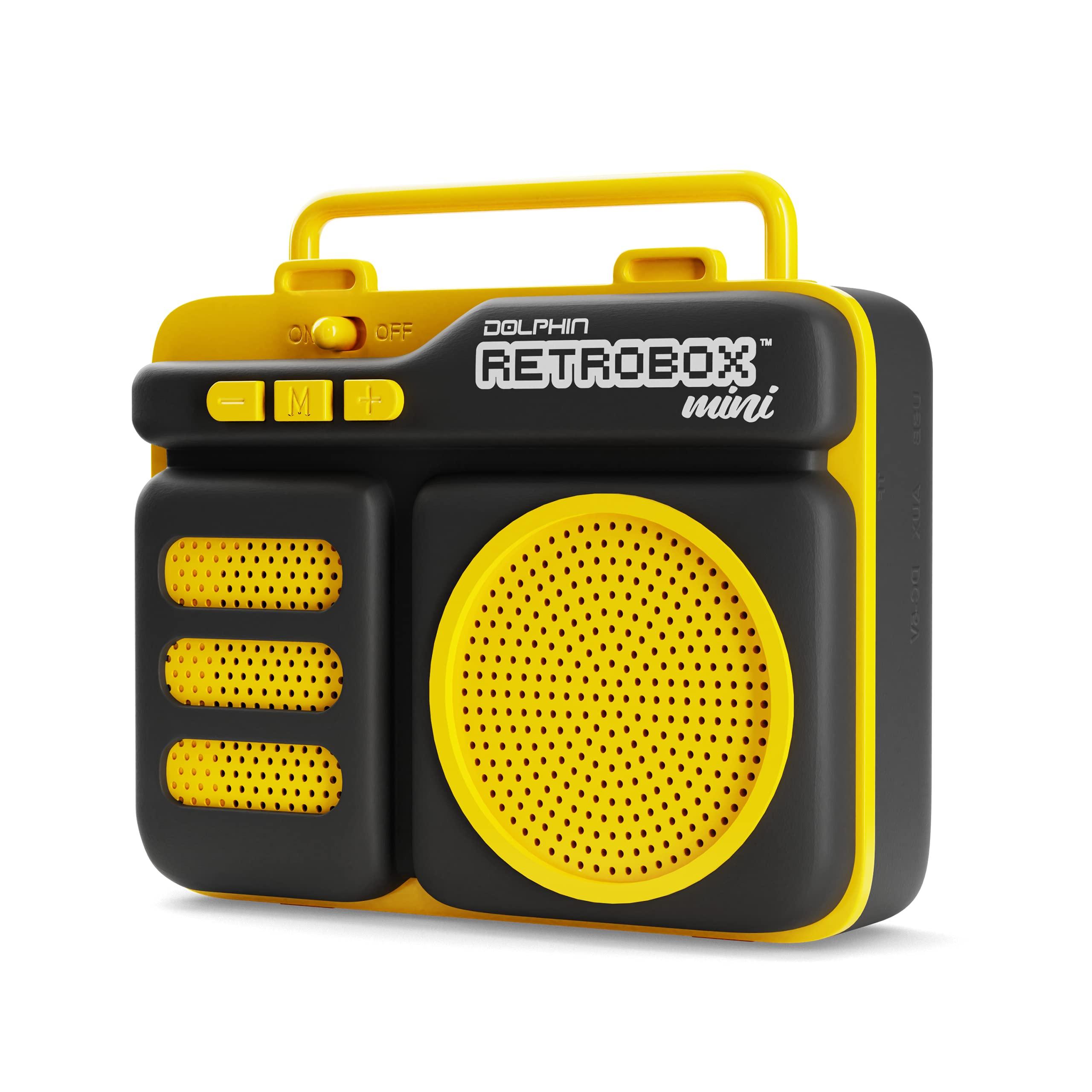 Dolphin Dolphin Retrobox Mini for Jobsite, Small but Durable Bluetooth Speakers with FM, Rechargeable Music Device, Up to 12 Hour Play Time, Yellow