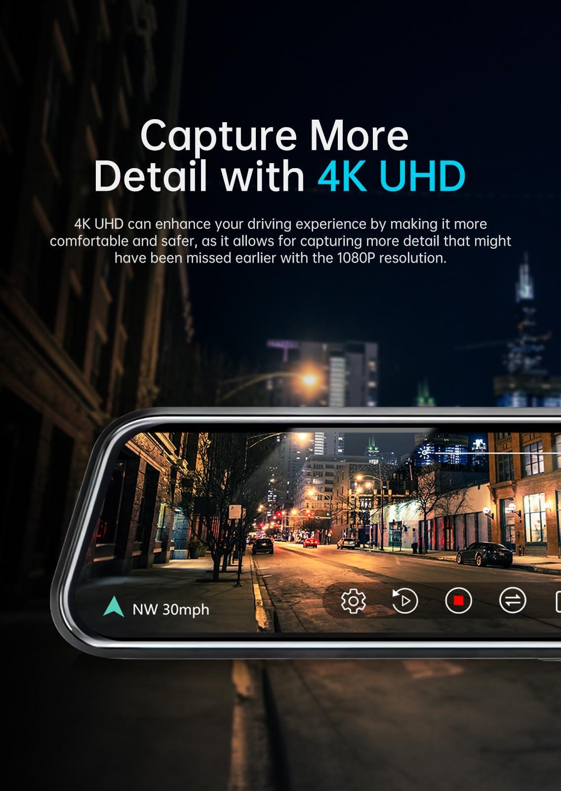 JOMISE JOMISE 4K 12" Rear View Mirror Camera, 2160P Full HD Rearview Mirror, Mirror Dash Cam Front and Rear, Waterproof Backup WDR Camera, Night Vision, Parking Assist, Speed Alert, 64GB Card Included- K17