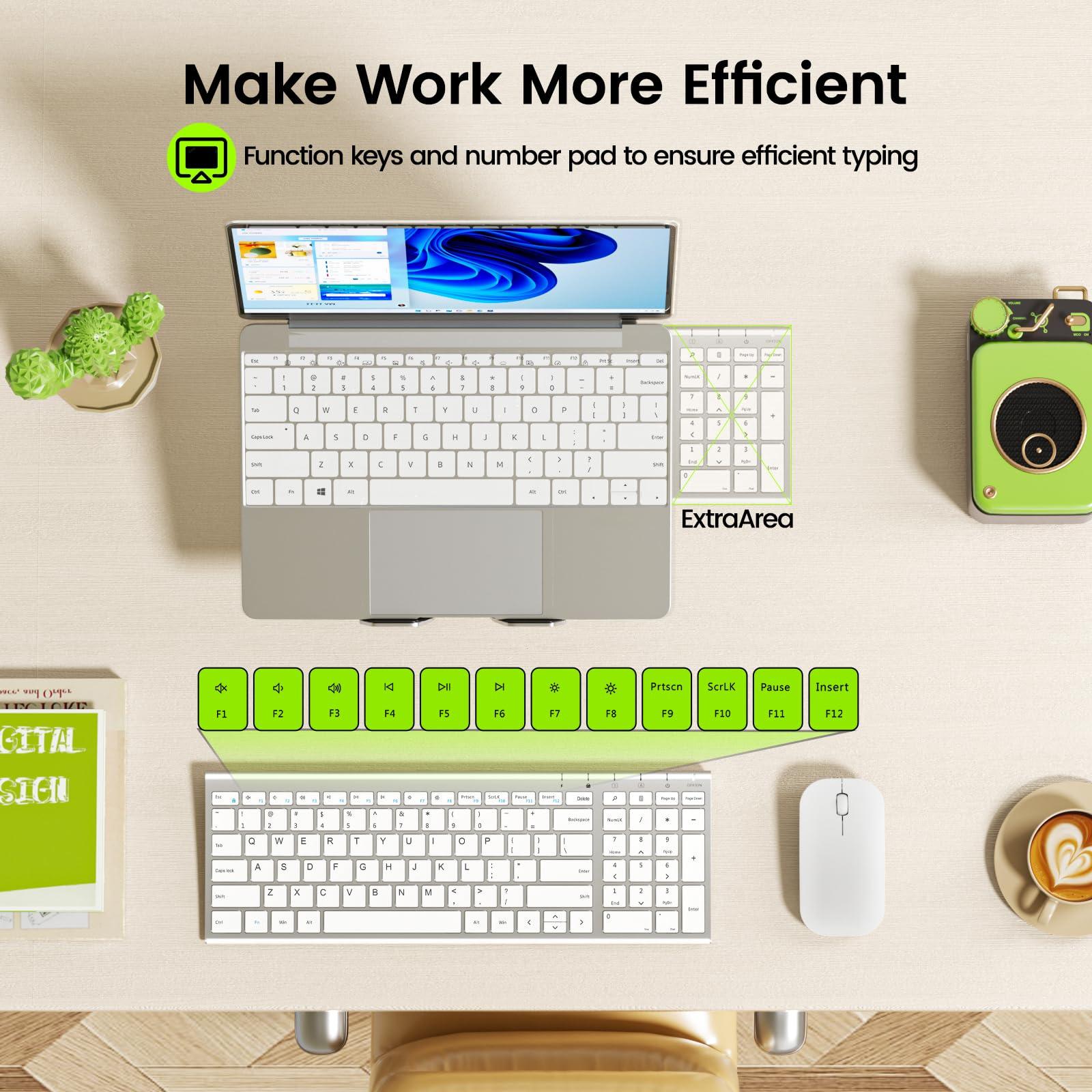 seenda seenda Rechargeable Wireless Keyboard Mouse, Ultra Thin Low Profile Wireless Keyboard and Mouse with Number Pad, Quiet Portable Combo Compatible for Windows XP/7/8/10/11/11 Pro, Silver White