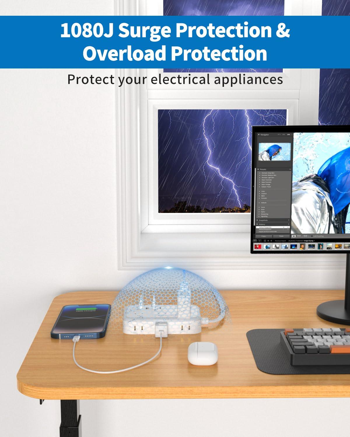 NTONPOWER Extension Cord 25 ft & 10 ft, NTONPOWER Surge Protector Power Strip with 6 Widely Outlets 4 USB Ports(2 USB C), Flat Plug, Wall Mounted, Side Outlet Extender for Indoor, Home Office, Dorm Room Essenti