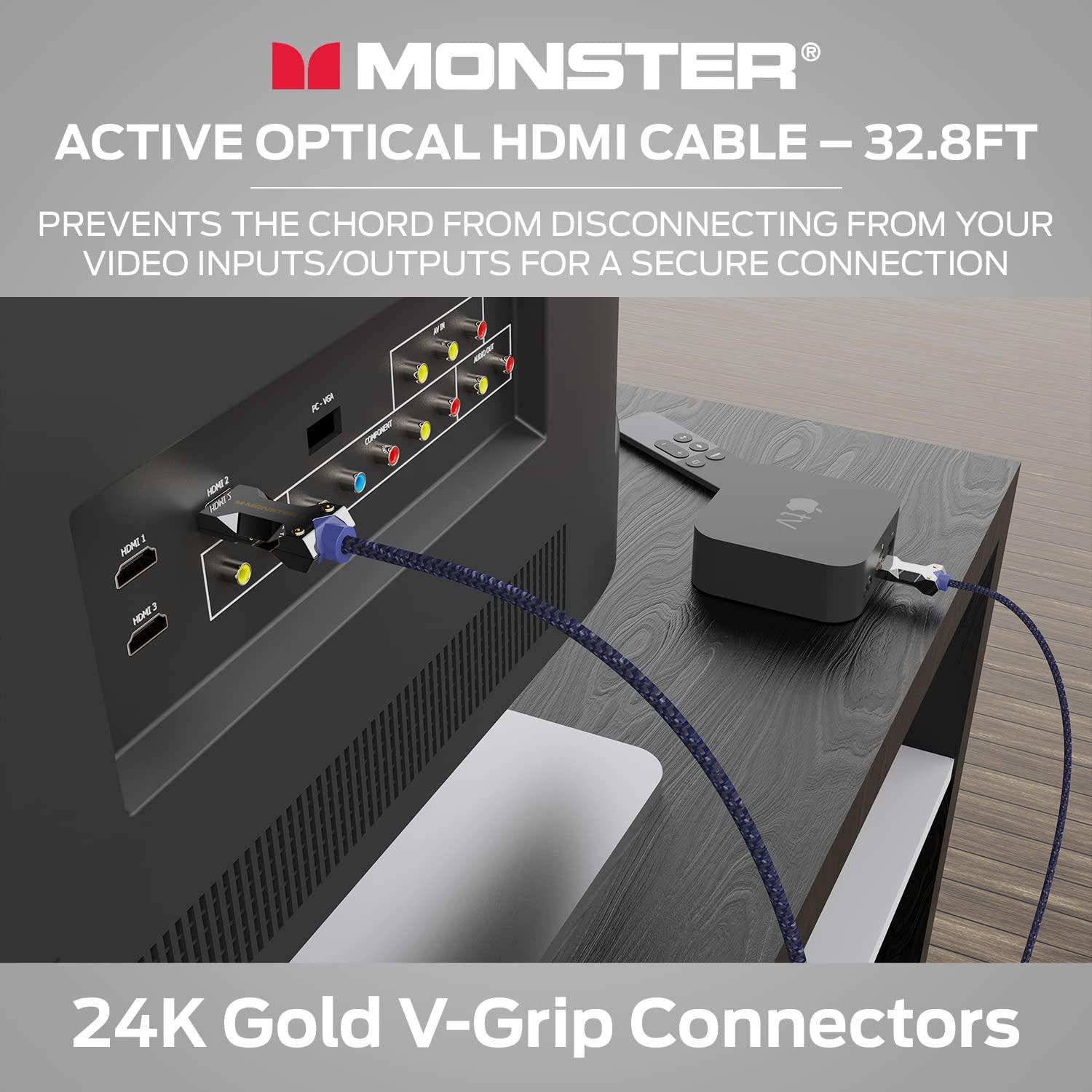 Monster Monster M-Series Active Optical Cable Lightwave Certified Premium HDMI 2.1-48 Gbps Cable with Aluminum Extrusion Connector, V-Grip, Duraflex Protective Jacket - Supports 8K @ 60HZ, 4K @ 120HZ, 32.8 FT