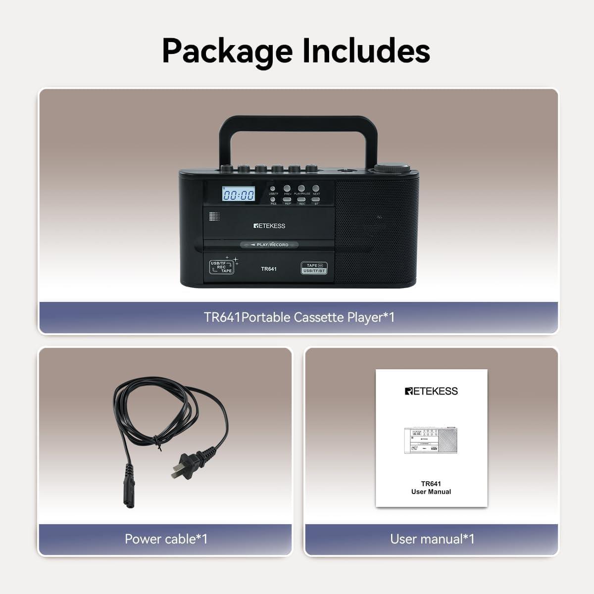 Retekess Retekess TR641 Cassette Player Recorder, Cassette to Digital Converter, AM/FM Radio, Boombox with Earphone Jack, USB/TF, Wireless Connection, Battery or AC Powered
