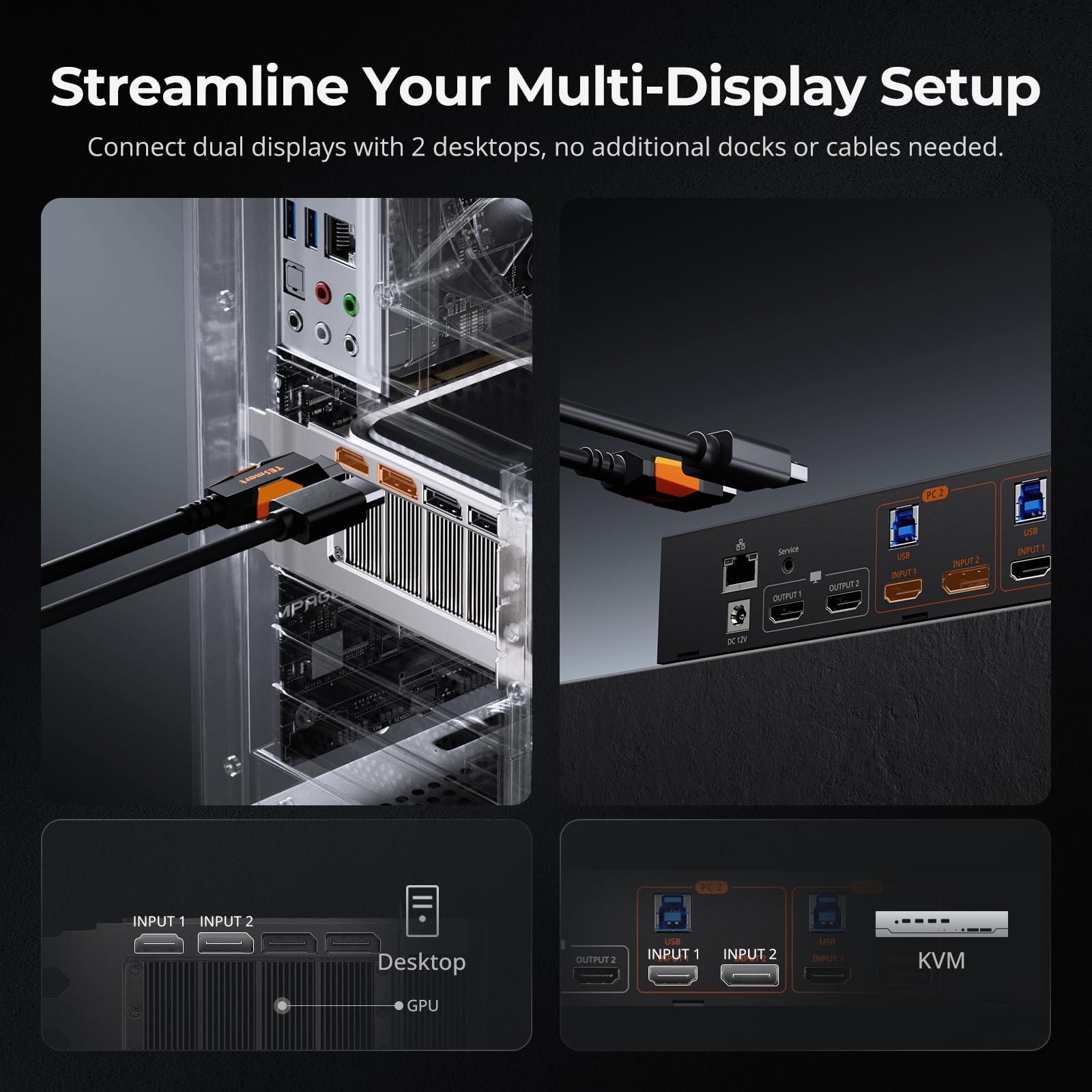 TESmart TESmart 4K@144Hz Displayport + HDMI KVM Switch Dual Monitor USB 3.0, HDMI 2.1 & DP 1.4 KVM Switch 2 Monitors 2 Computers 8K@60Hz for Gaming, Support EDID, Gigabit Network, VRR, All Input Cables