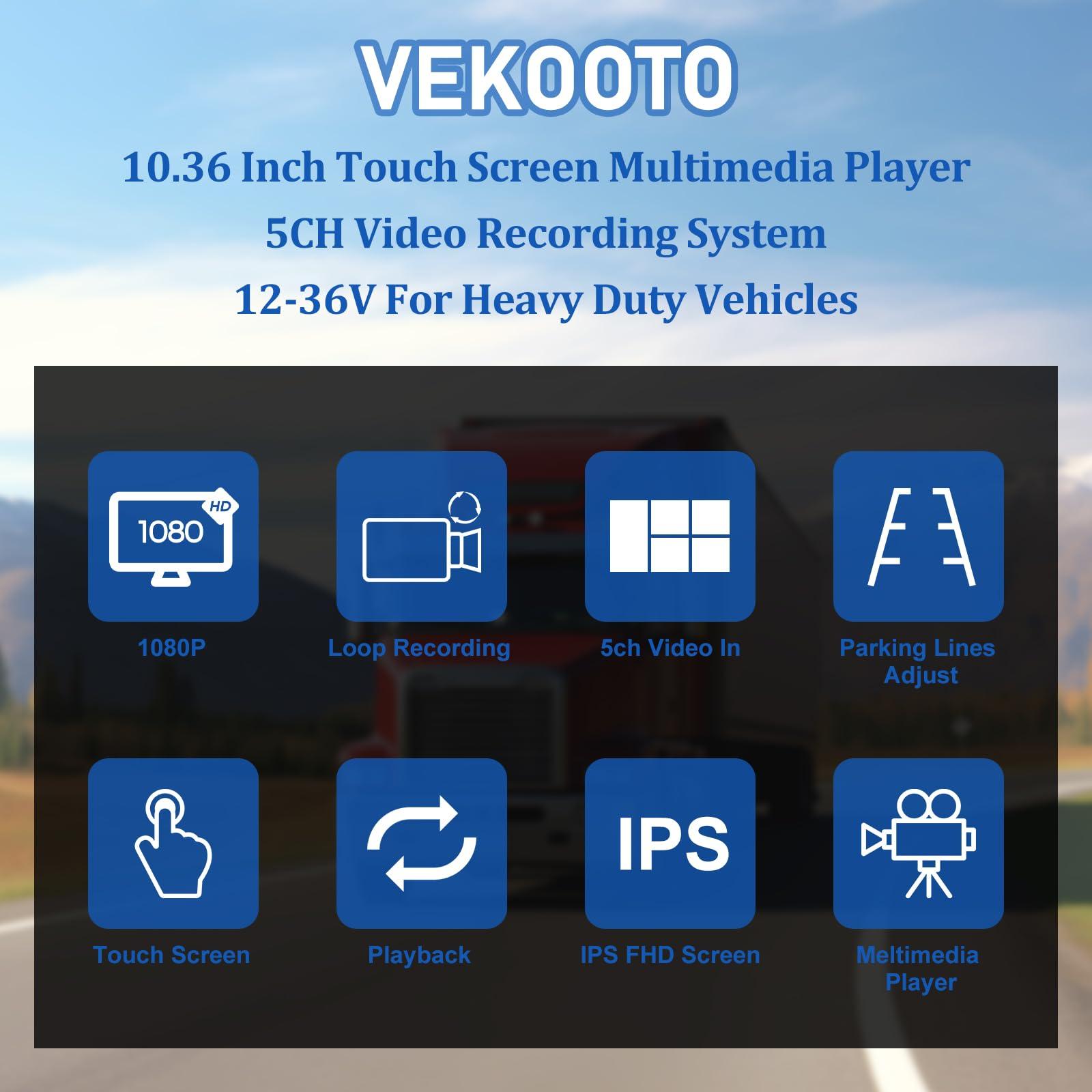 VEKOOTO 4K Backup Camera System with 10.36\" IPS 5-Channel Touch Screen Monitor Rear Side View 5 AHD Camera DVR Recording Backup Heavy Duty Camera for Truck Bus RV Trailer Semi Box EH5 VEKOOTO
