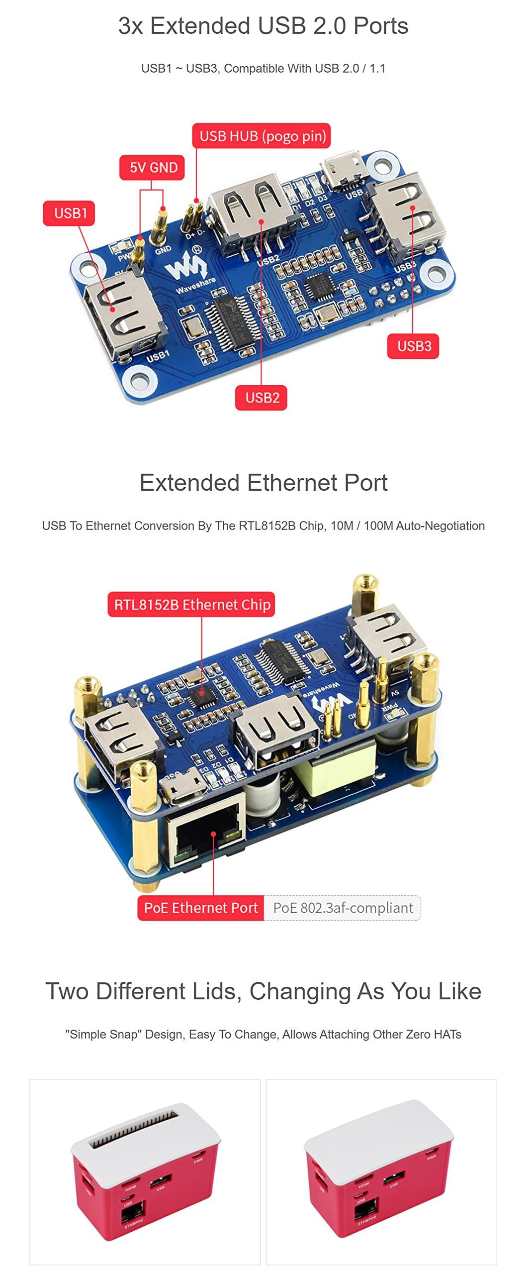 Coolwell Coolwell PoE Ethernet/USB HUB Box Compatible with Raspberry Pi Zero Series, with PoE/ETH/USB HUB HAT Inside, 802.3af-Compliant, Includes 3X USB 2.0 Ports