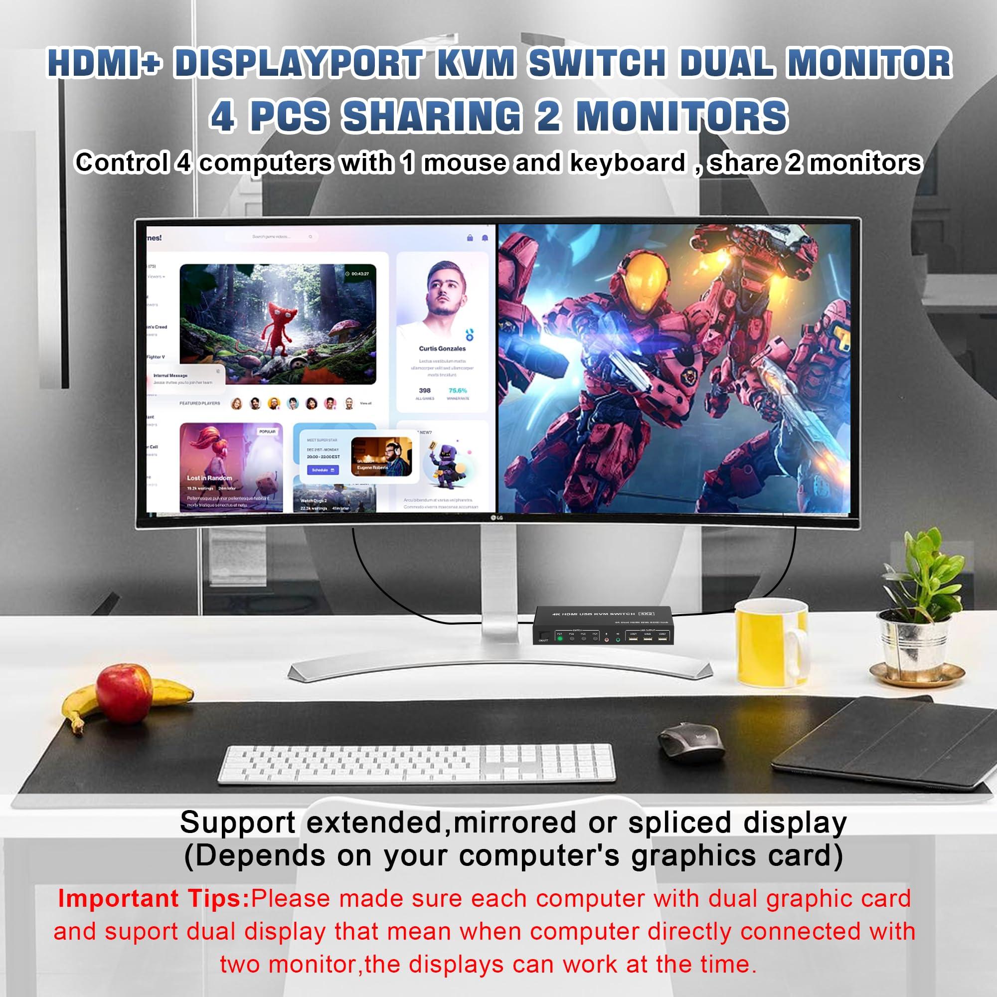 Arkidyn Plus Displayport+HDMI Dual Monitor KVM Switch for 4 PCs, 4K 60Hz KVM Switch 2 Monitors 4 Computers, with Audio Microphone Output and 3 USB 2.0 Ports, HDMI+DP Monitor Switch for 4 PCs 2 Monitors