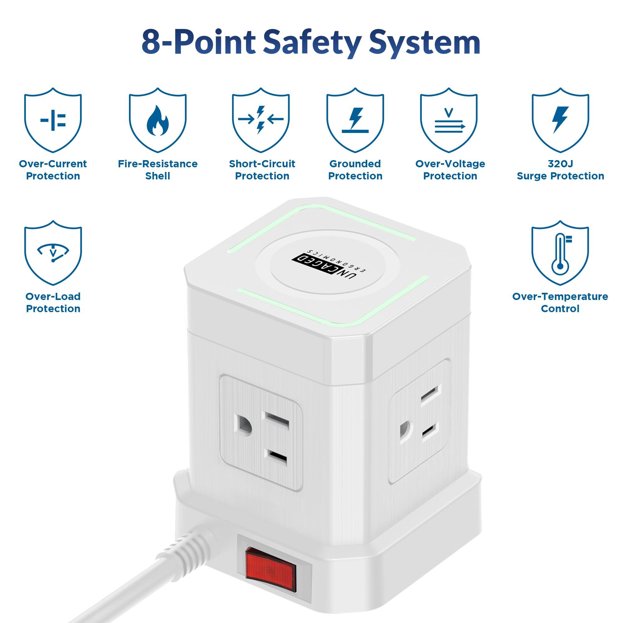 Uncaged Ergonomics Wireless Charger Cube Power Strip with USB Ports, Power Strips with Surge Protection, 10ft Extension Cord with Multiple Outlets, 4 AC Plugs, 3 USB, 1 USB-C Fast Charging, Mountable On/Off Switch