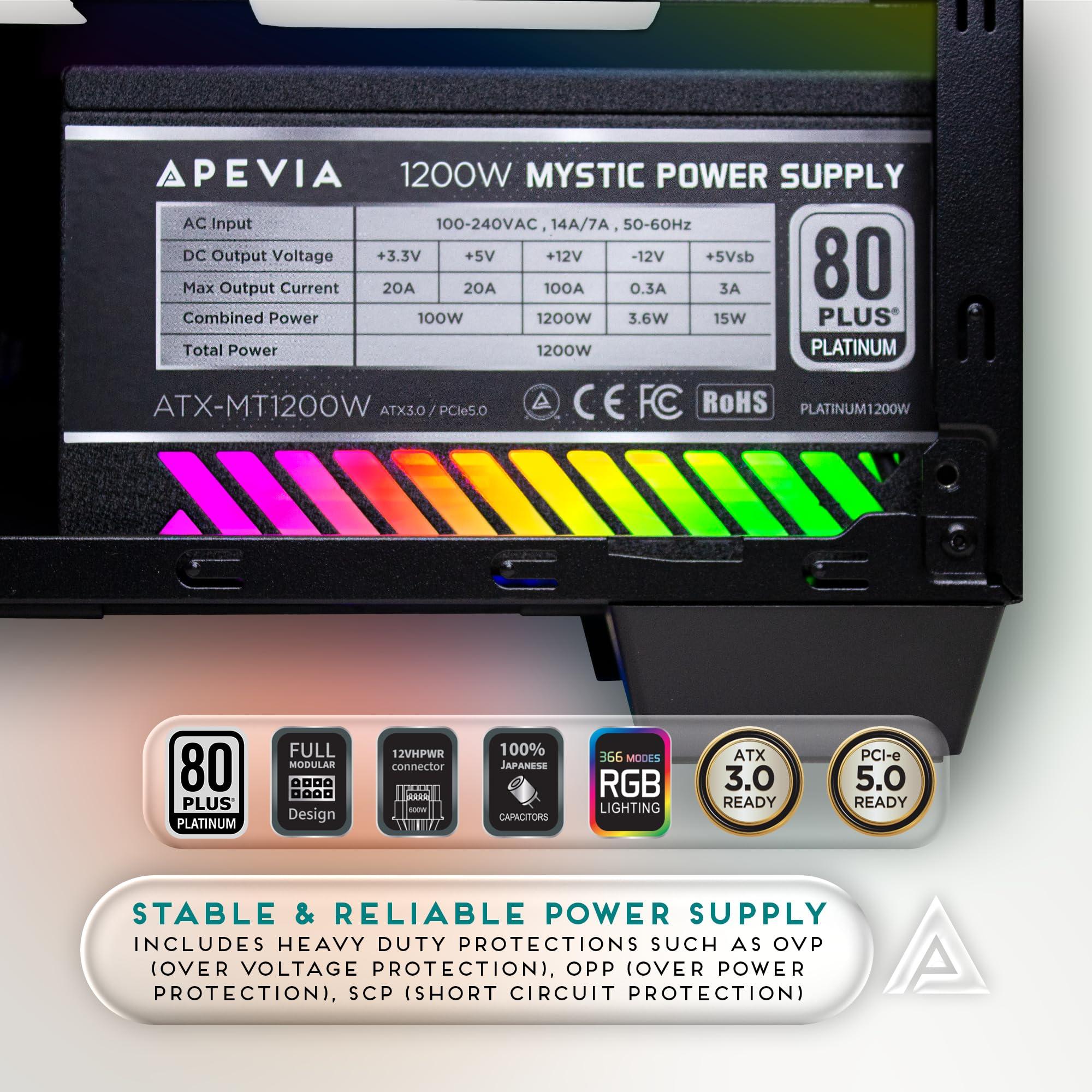 Apevia Apevia ATX-MT1200W Mystic 1200W Fully Modular 80+ Platinum Certified, PCIe 5.0 & ATX 3.0 Ready Active PFC ATX RGB Gaming Power Supply, Includes Gen 5 12VHPWR Connector & 366 RGB Light Modes