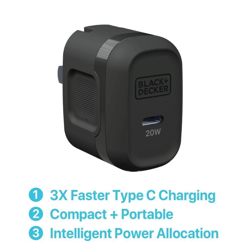 BLACK+DECKER BLACK+DECKER GaN PD Wall Charger, 1-Port, 20W Type C Wall Plug, Compact Power Block USB C, Type-C Fast Charging for iPhone 16/15, USBC Charging Block, Perfect for Home, Office, Travel