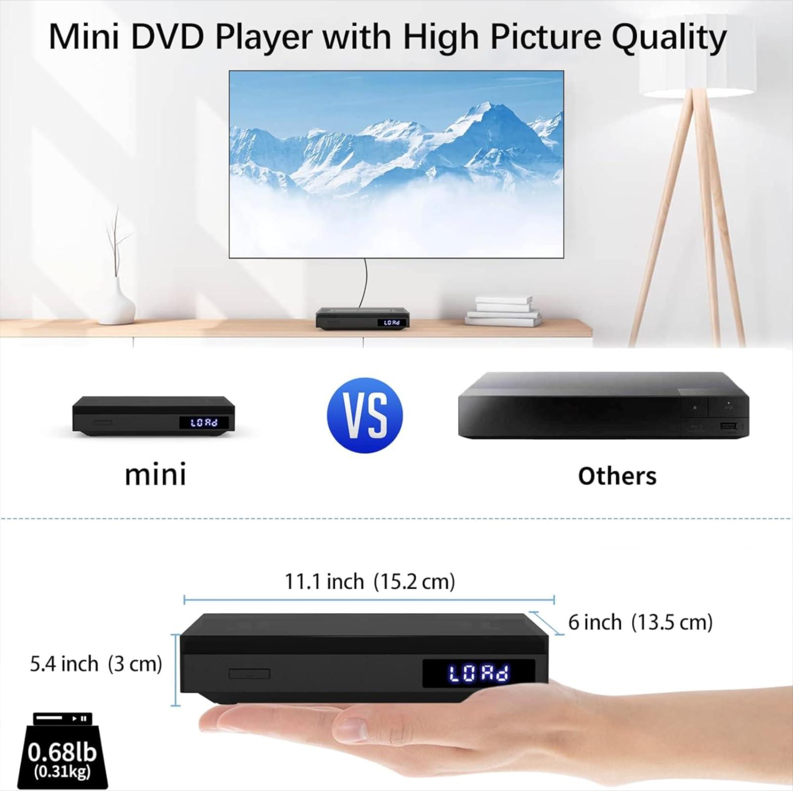 SHIWAKOTO Mini DVD Players for TV, HDMI DVD Player with HDMI RCA Cable, All Region Free Compact DVD Player Support USB, AUX, NTSC/PAL, Memory Playback, Small CD DVD Players with Remote Control