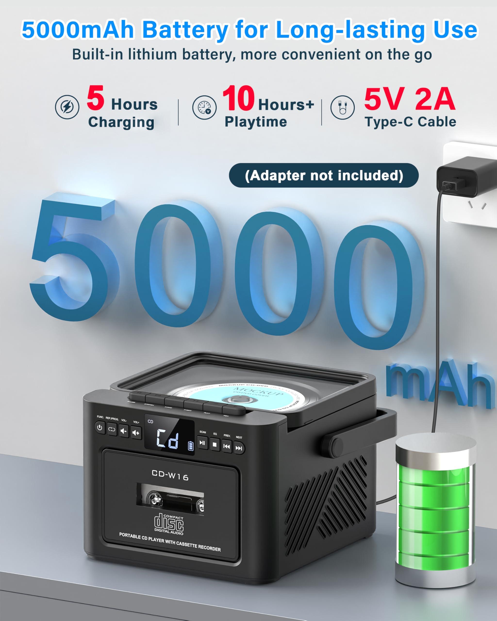 Greadio Greadio Boombox CD and Cassette Player Combo, 5000mAh Rechargable CD Player Boombox with Bluetooth Receive/Transmit/FM Radio/USB/TF/AUX/Remote Control, Boom Box CD Cassette Player for Home Outdoor