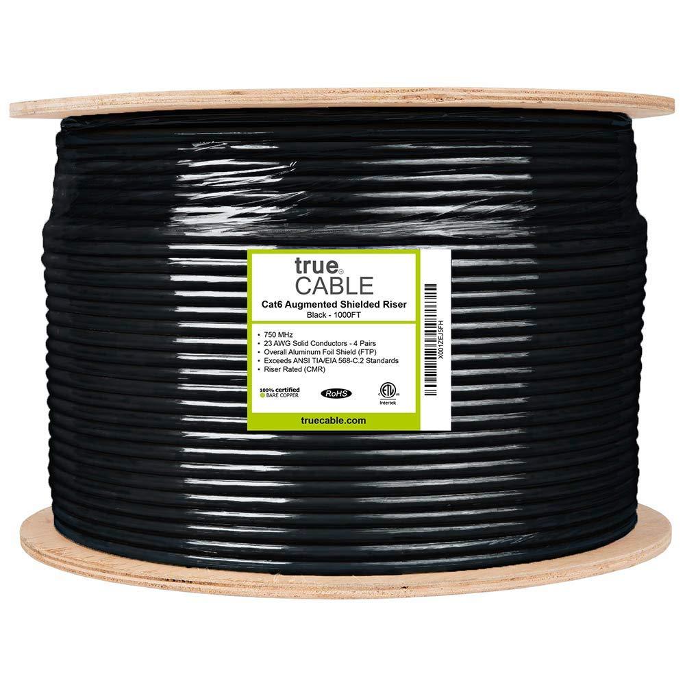 TRUE CABLE trueCABLE Cat6A Shielded Riser (CMR), 1000ft, Black, 23AWG Solid Bare Copper, 750MHz, PoE++ (4PPoE), ETL Listed, Overall Aluminum Foil Shield (F/UTP), Bulk Ethernet Cable