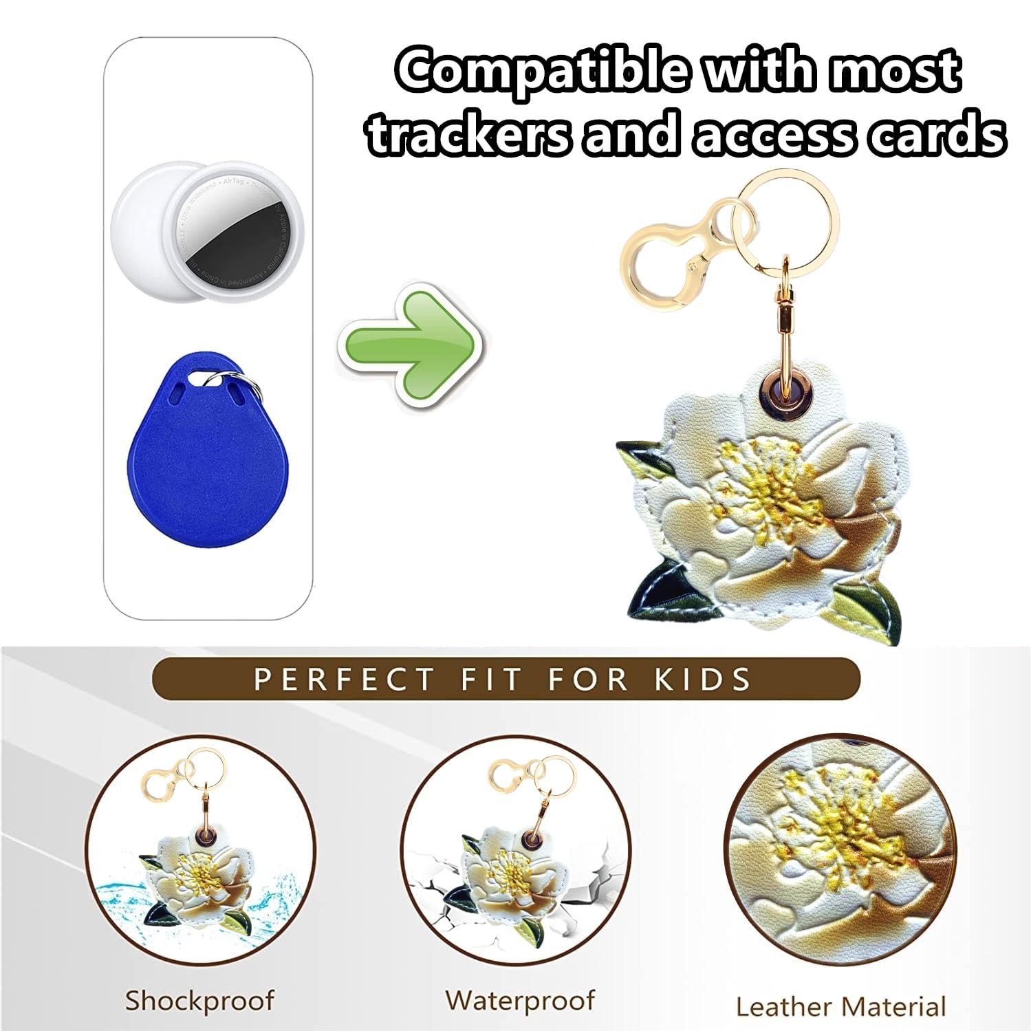 BORKUANA BORKUANA Leather Keychain Holder Case Compatible with Apple AirTag, Cute Protective Air Tag Cover with Keychain Ring, Anti-Scratch Finder GPS Tracker Case for Wallet Keys(White Peony)