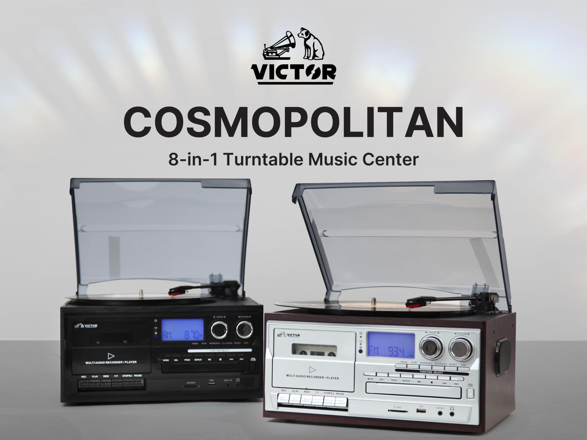VICTOR Victor VWRP-4200 Cosmopolitan 8-in-1 Turntable Music Center with 3-Speed Record Player, CD/MP3/Cassette Player, AM/FM Radio, Dual Bluetooth in & Out, USB Playback & Recording