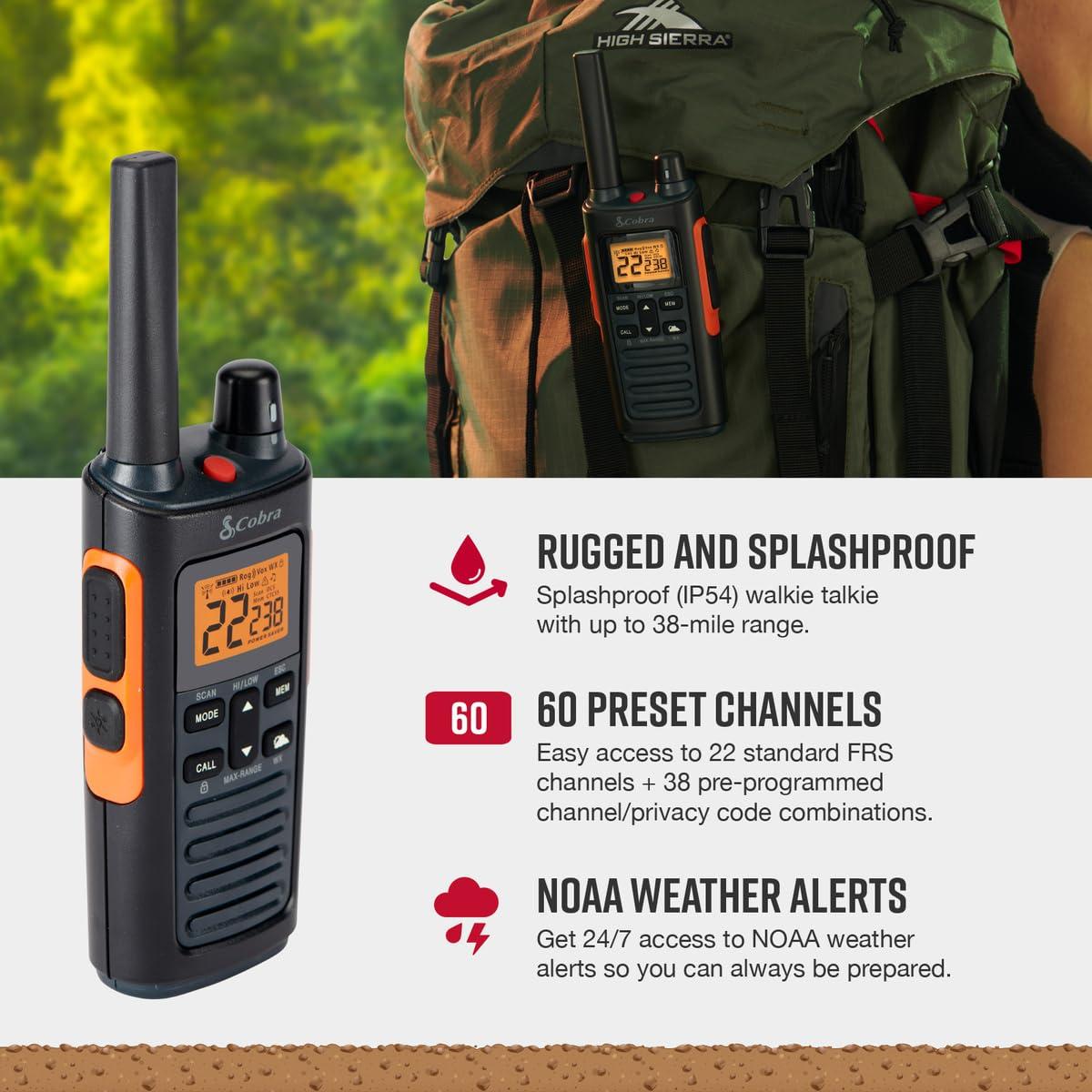 Cobra Cobra RX680 Walkie Talkies (2-Pack) - Rugged & Splashproof Two Way Radios Long Range, IP54 Water Resistant Design, 60 Pre-Programmed Channels, Weather Alerts, Included Charging Dock (Black/Orange)