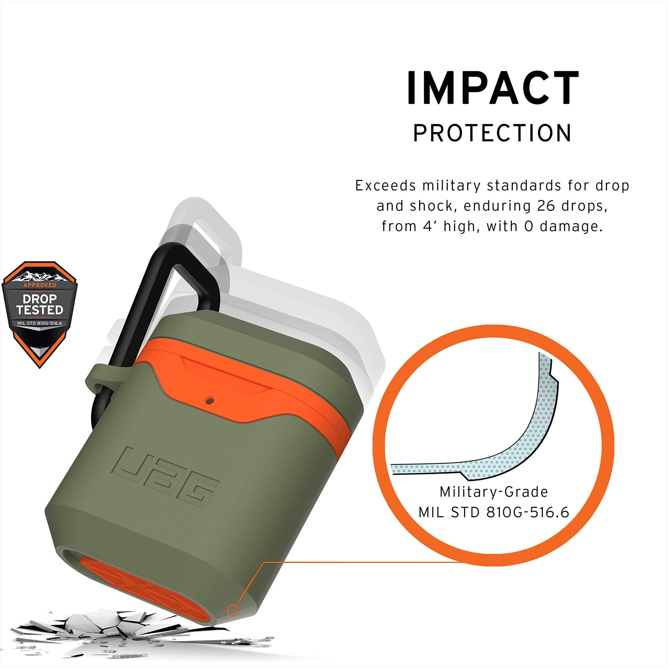 URBAN ARMOR GEAR URBAN ARMOR GEAR UAG Compatible with AirPods (1st & 2nd Gen) Case Full-Body Protective Soft-Touch Silicone Case with Detachable Carabiner, Standard Issue Hard Case_001, Olive/Orange