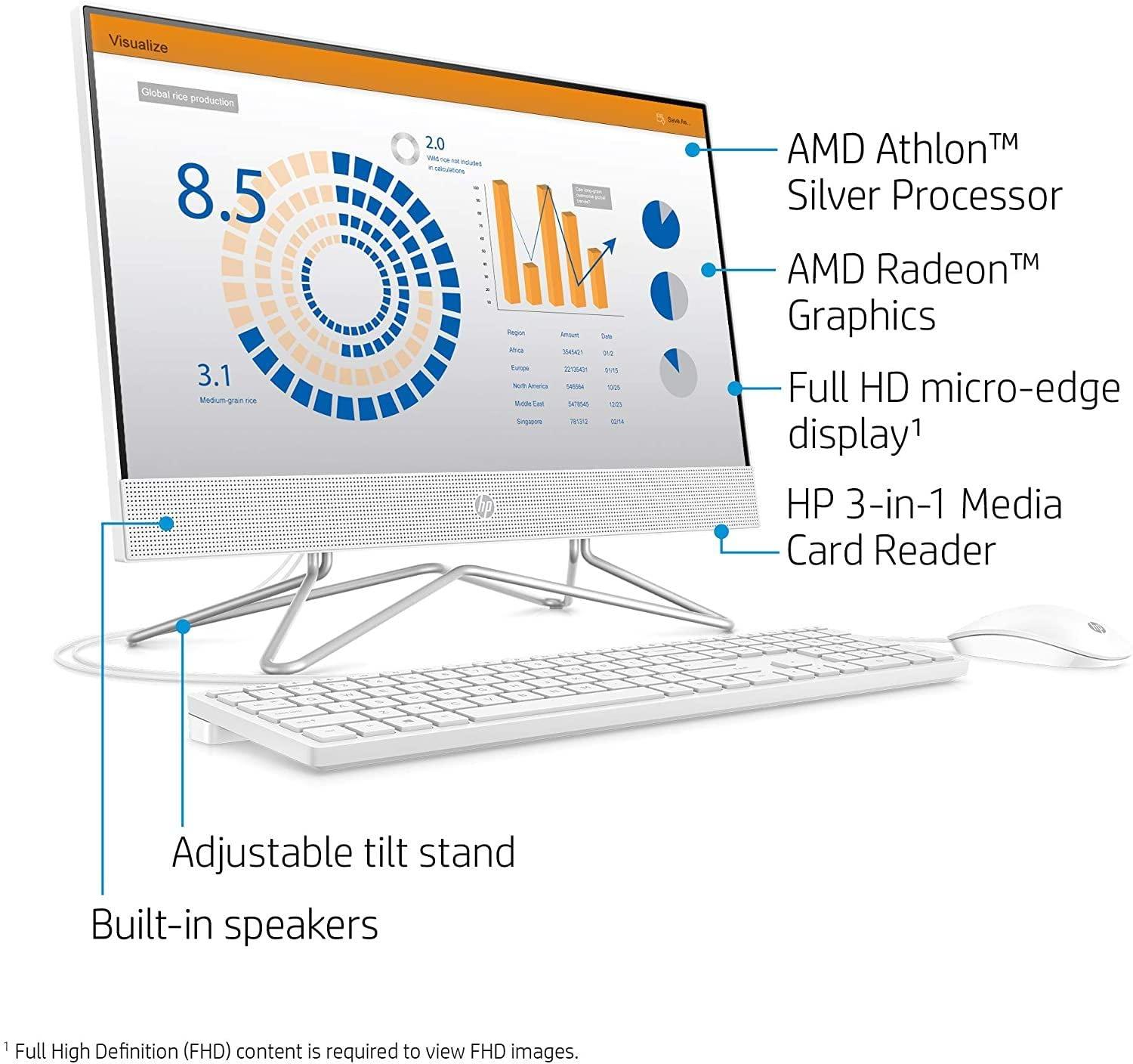 HP HP 22" All-in-One Desktop Computer - AMD Athlon Processors (Silver 3050U) - FHD 1920x1080-24GB DDR4 RAM 1TB SSD - Wi-Fi - RJ45 - Bluetooth - HDMI - Webcam - DVD-Writer - Windows 11 Professional