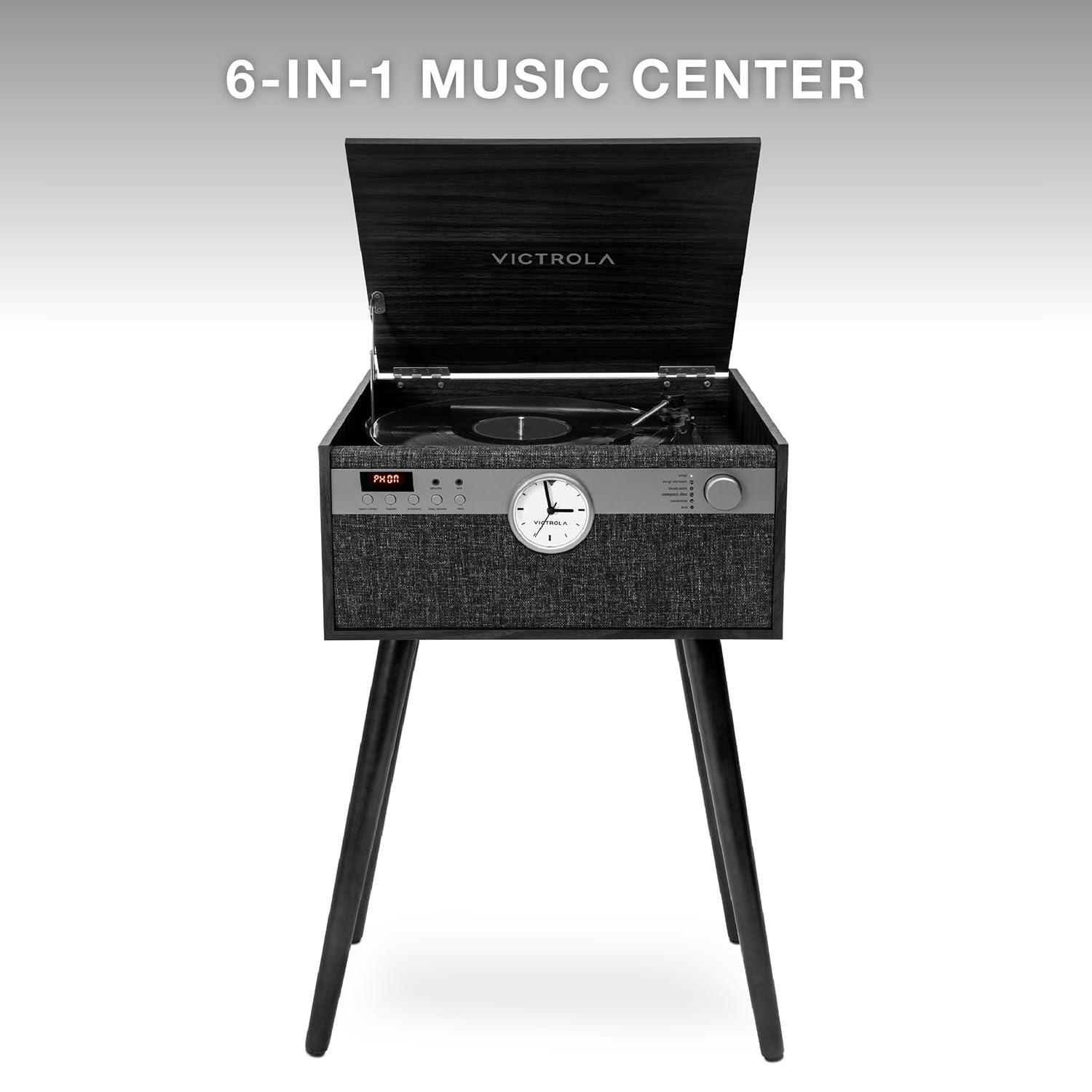 Victrola Victrola Century Signature+ 6-in-1 Vinyl Record Player & Music Center - 3-Speed Turntable, CD & Cassette Player, VINYLSTREAM, Bluetooth & 3.5mm Aux, Record Player with Speakers, 18\" Stands, Black