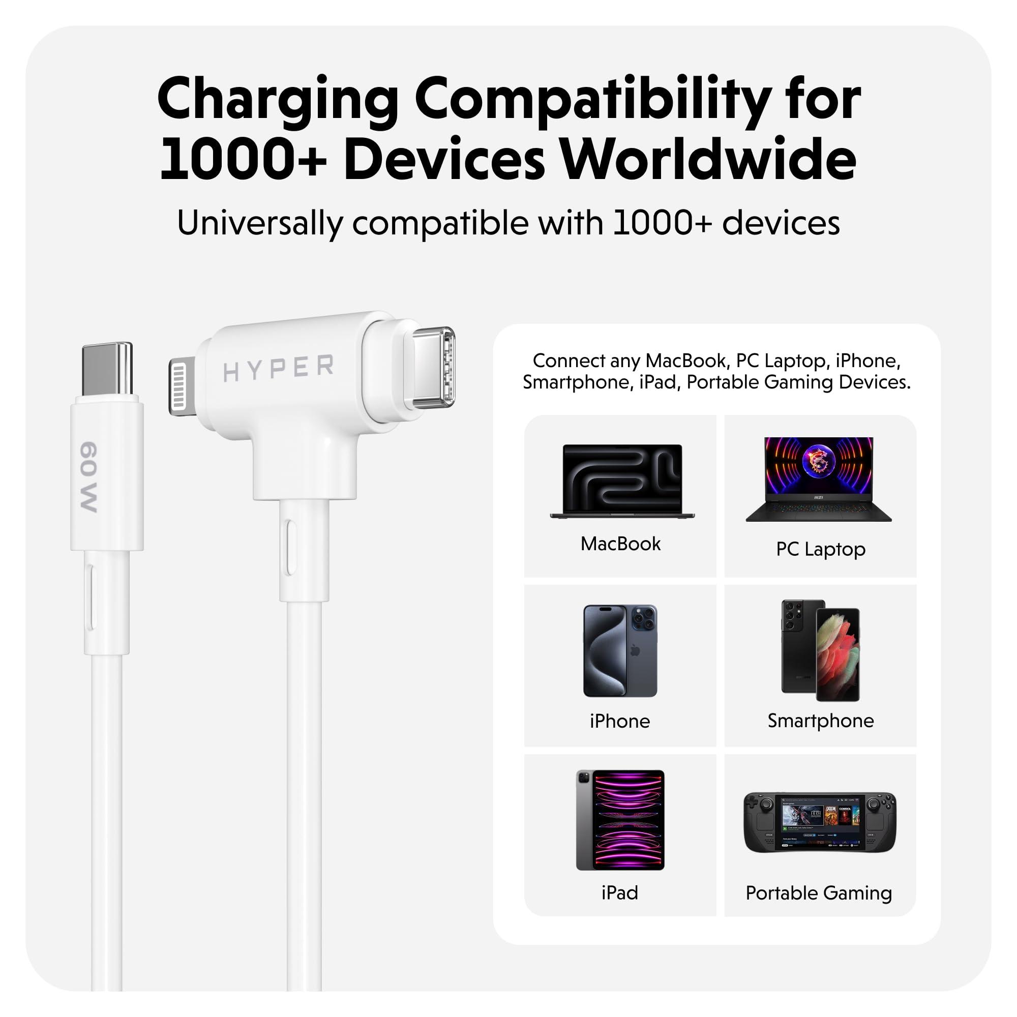 Hyper HyperJuice USB C and Lightning Cable - Silicone Hybrid Lightning Cable w/ 60W Charging, Apple MFi Certified, Durable, Tangle-Free USB C and Lightning Cable 2 in 1 Design for Laptops & Phones