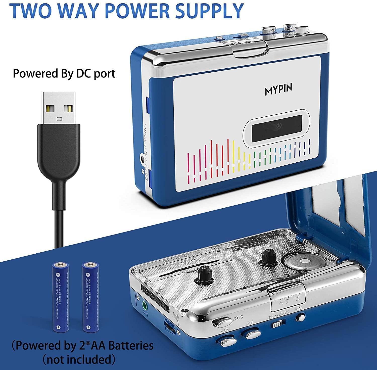 MYPIN Bluetooth Cassette Player with Headphone, Tape Player Bluetooth Output to Headphone/Speaker,Walkman Portable Cassette Tape Player 2 AA Battery or USB Power Supply, 3.5mm Headphone Jack