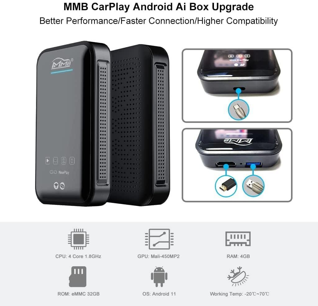 YIMONTH MMB CarPlay Ai Box Plus Multimedia Video Box for Cars with OEM Wried Carplay, Wireless Carplay&Android 11 System,YouTube Netflix Google Play Split Screen Mirror Link, Plug&Play