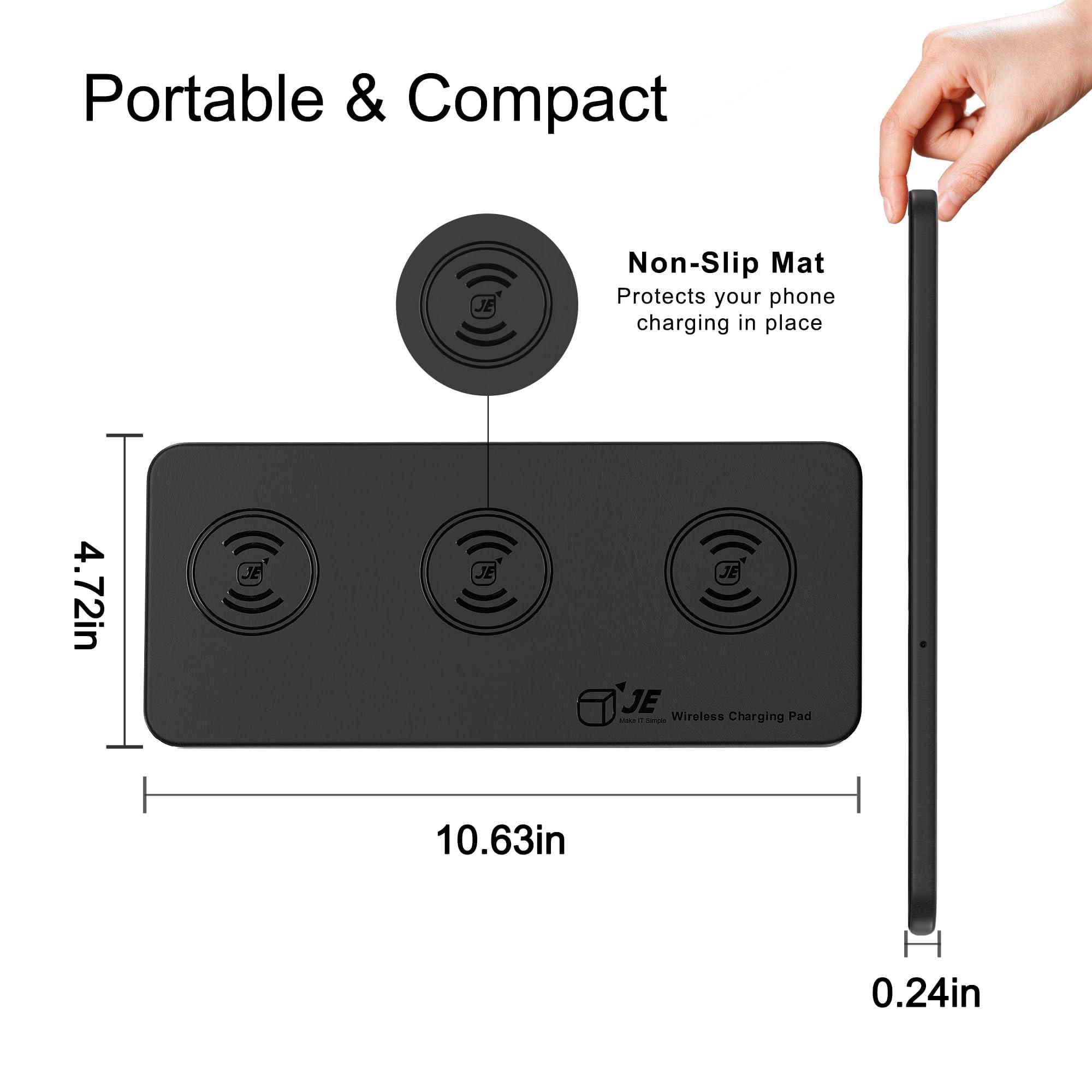 JE Make IT Simple Triple Wireless Charger Pad - 15W Fast Charging Station for Apple iPhone 15/14/13/12 Pro/Max/Plus, AirPods, Qi-Certified 3-in-1 Charging Mat for Multiple Devices One-Step Wireless Charging Solution