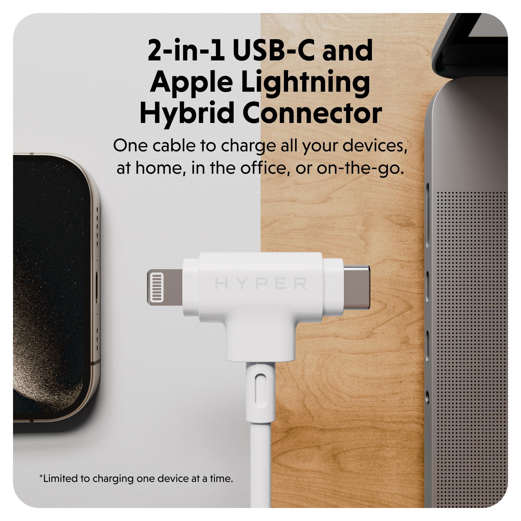 Hyper HyperJuice USB C and Lightning Cable - Silicone Hybrid Lightning Cable w/ 60W Charging, Apple MFi Certified, Durable, Tangle-Free USB C and Lightning Cable 2 in 1 Design for Laptops & Phones