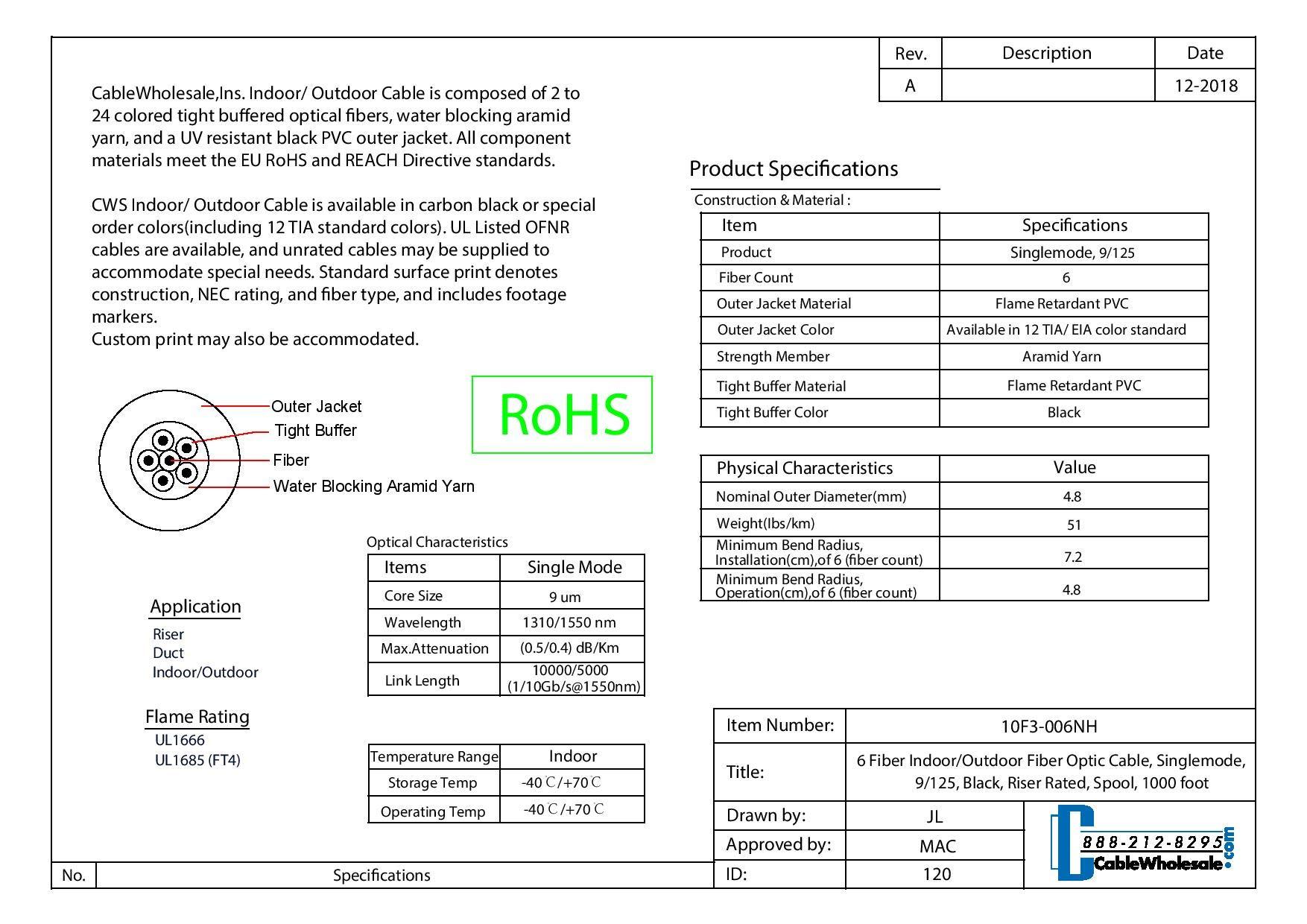 CableWholesale CableWholesale 6 Fiber Indoor/Outdoor Fiber Optic Cable, Singlemode, 9/125 Micron, Black, Riser Rated, Spool, 1000 feet